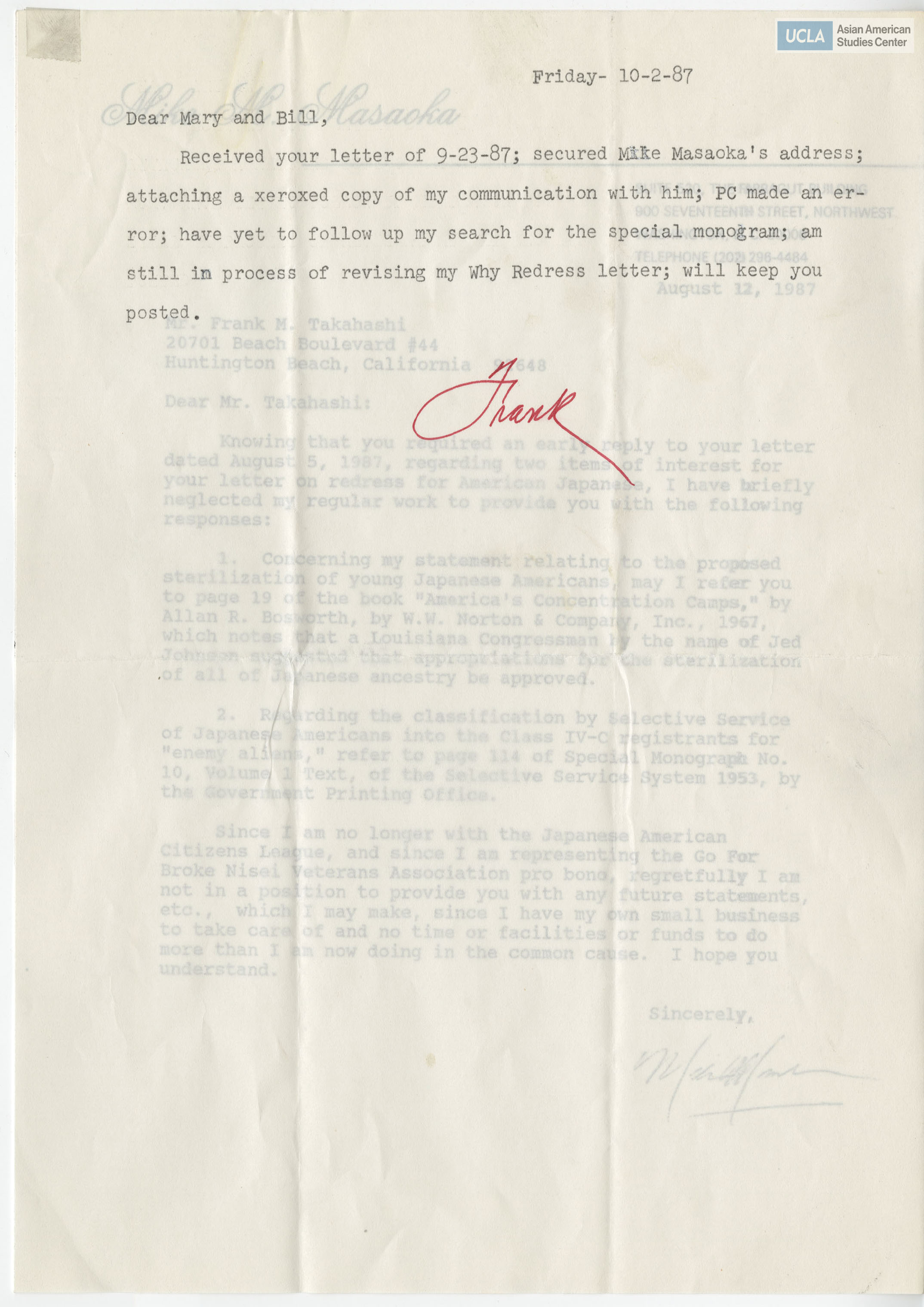 Letter addressed to Frank M. Takahashi regarding redress for Japanese Americans. Includes note on back of letter addressed to Yuri and Bill Kochiyama, dated October 2, 1987.