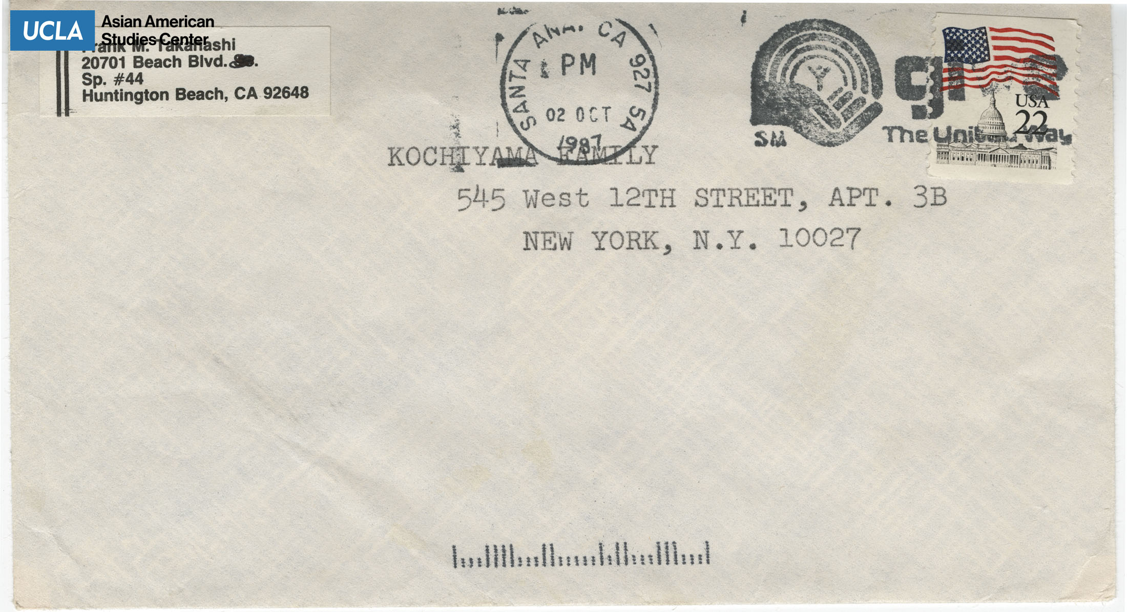 Envelope addressed to Kochiyama family from Frank M. Takahashi. Postmarked on October 2, 1987.