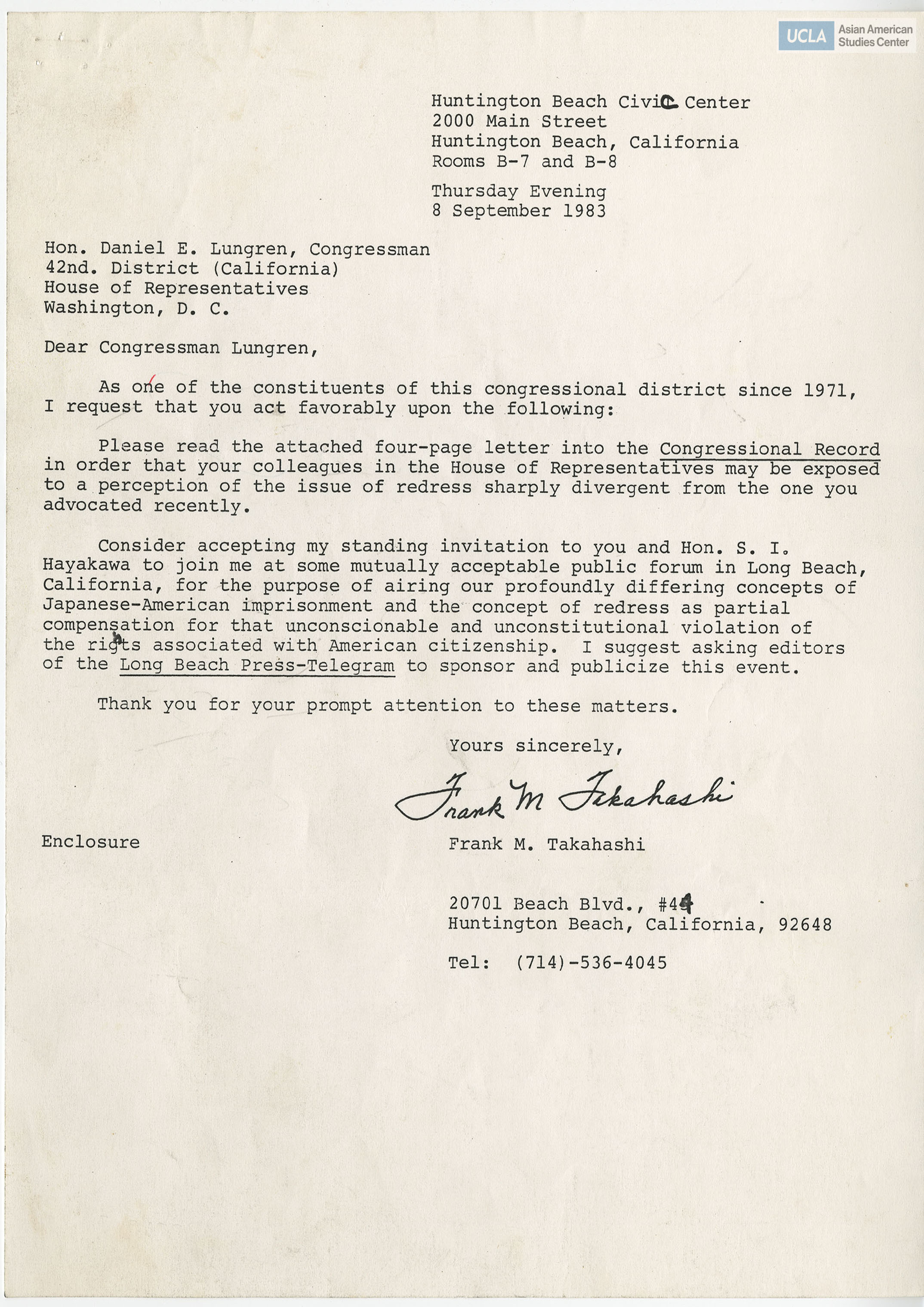 Letter addressed to Congressman E. Lungren on a redress of Japanese Americans during World War II.