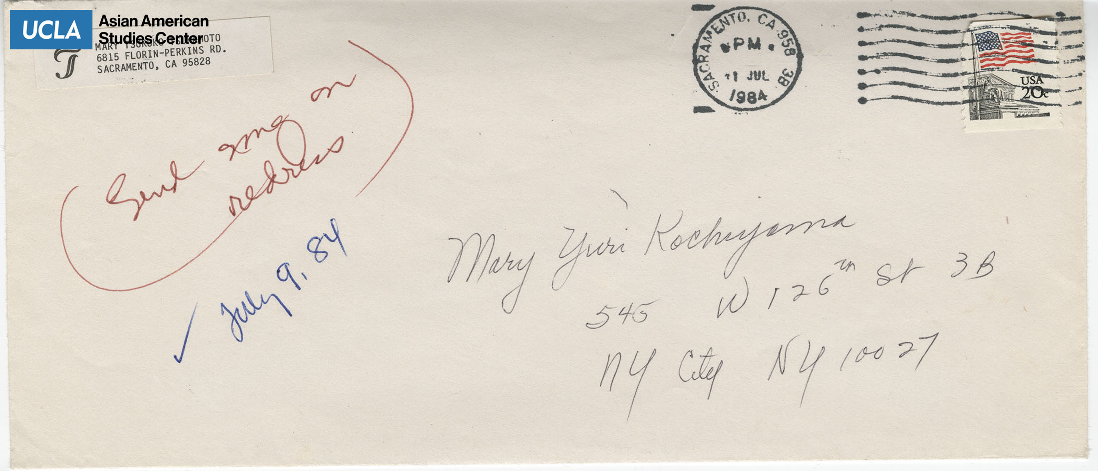 Envelope addressed to Yuri from Mary Tsuruko Tsukamoto. Postmarked on July 9, 1984.