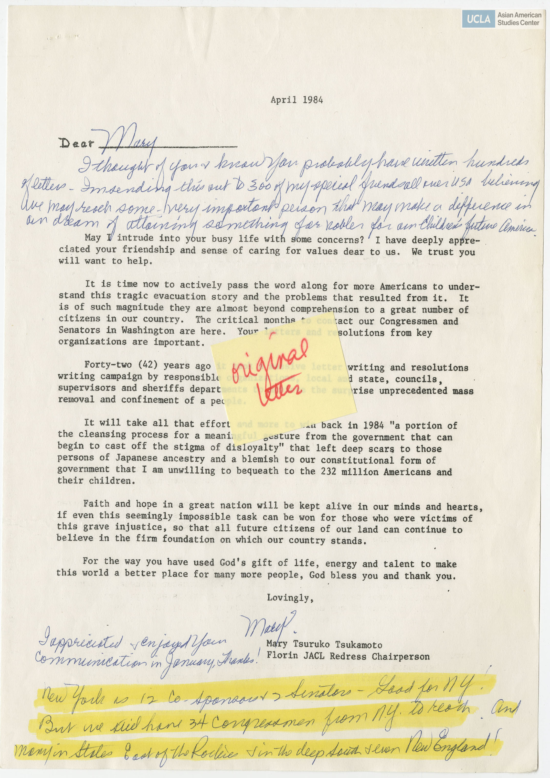 Letter addressed to Yuri Kochiyama from Mary Tsuruko Tsukamoto, Florin JACL Redress Chairperson, on efforts for redress and reparations with the incarceration of Japanese Americans during World War II.