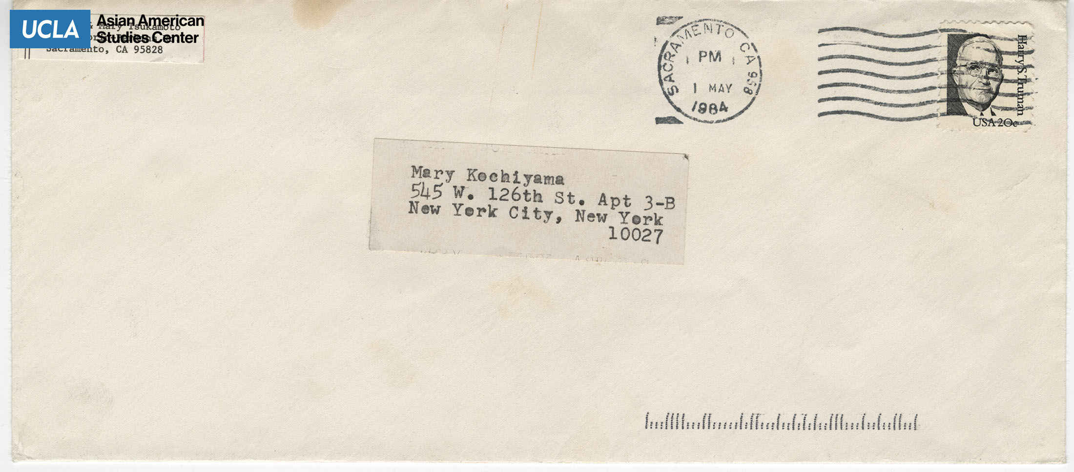 Envelope addressed to Yuri Kochiyama from Alfred and Mary Tsukamoto. Postmarked on May 1, 1984.