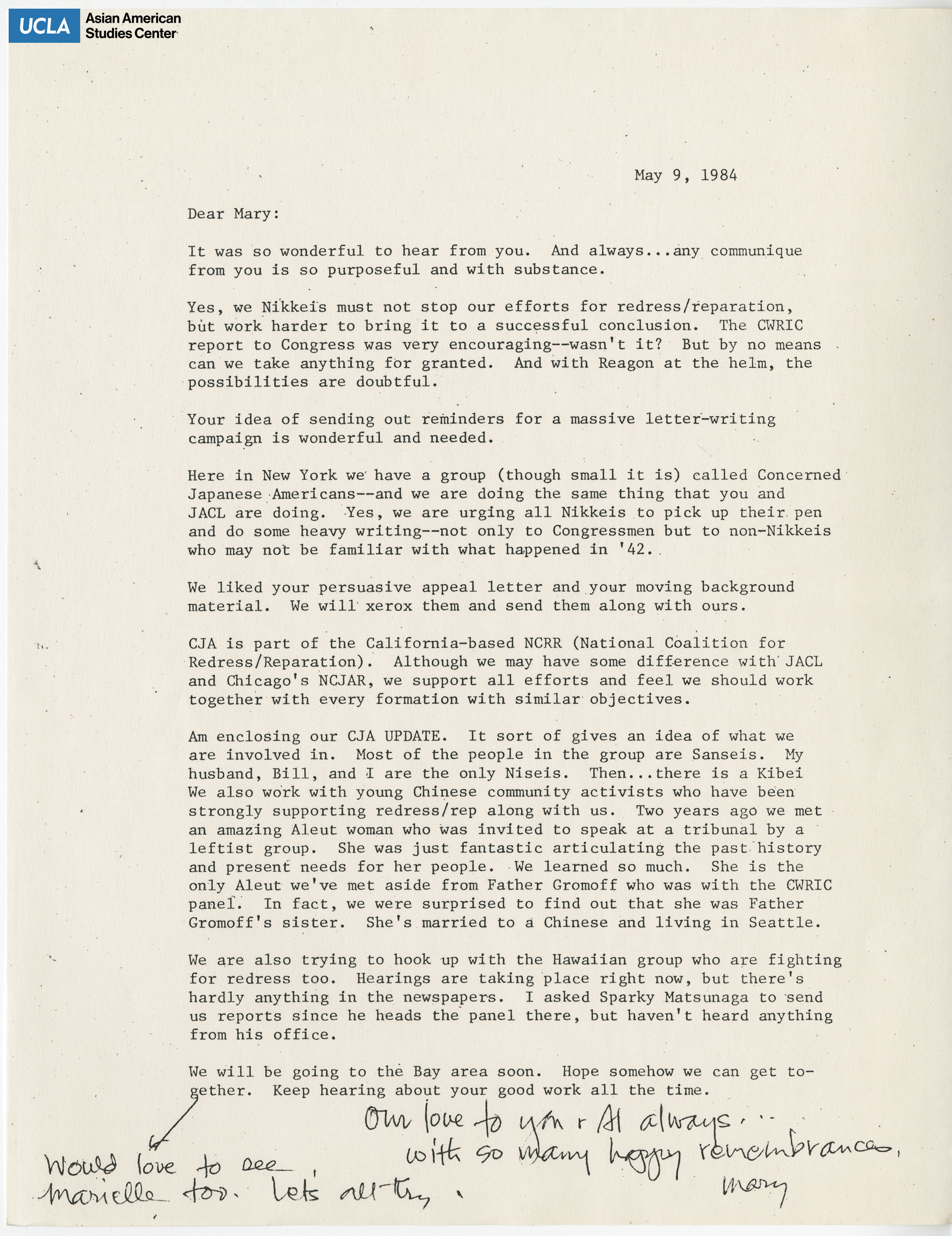 Response letter addressed to Mary Tsukamoto on efforts for redress and reparations with the incarcerations of Japanese Americans during World War II.