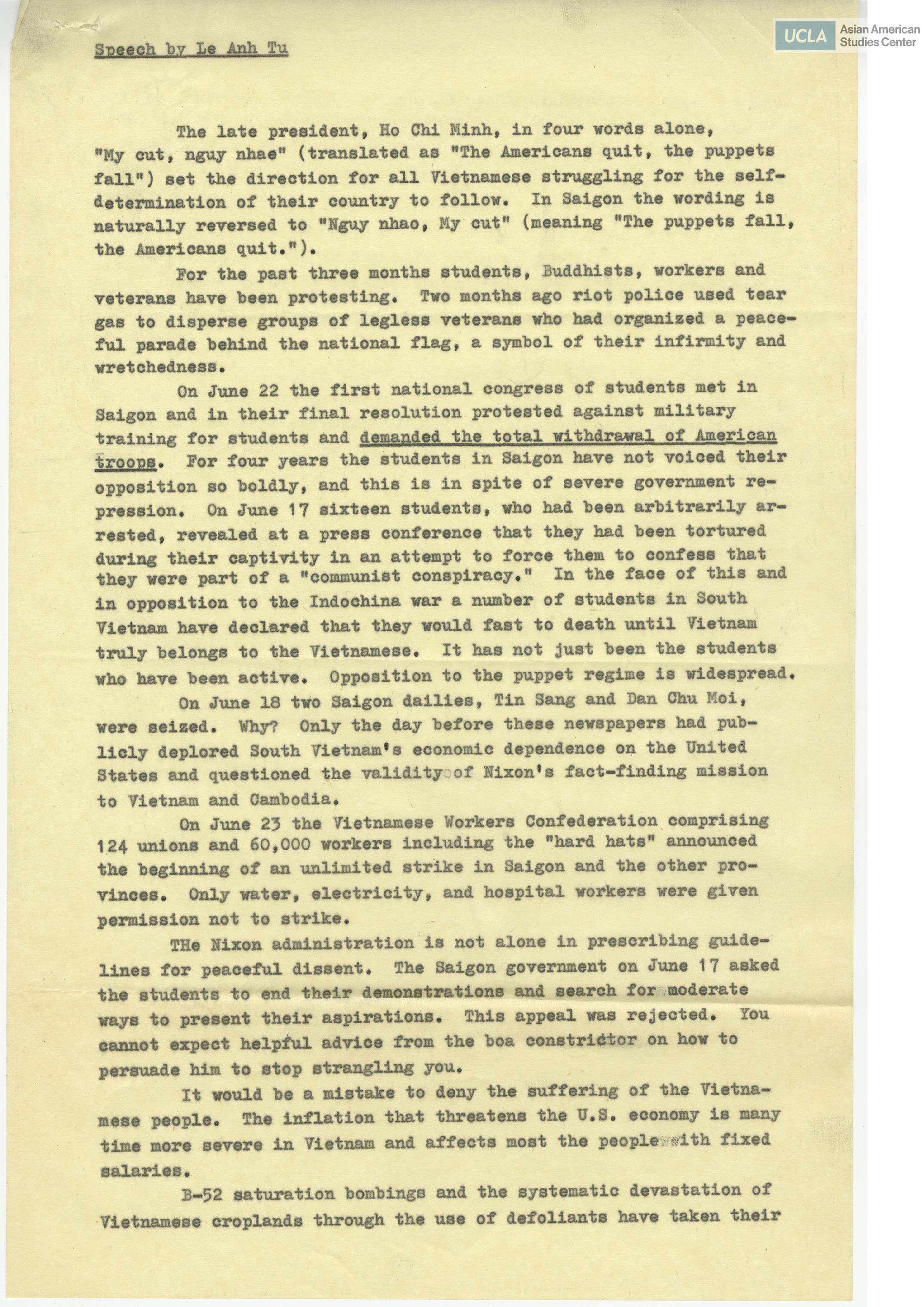 Speech by Le Anh Tu on the Vietnam War.