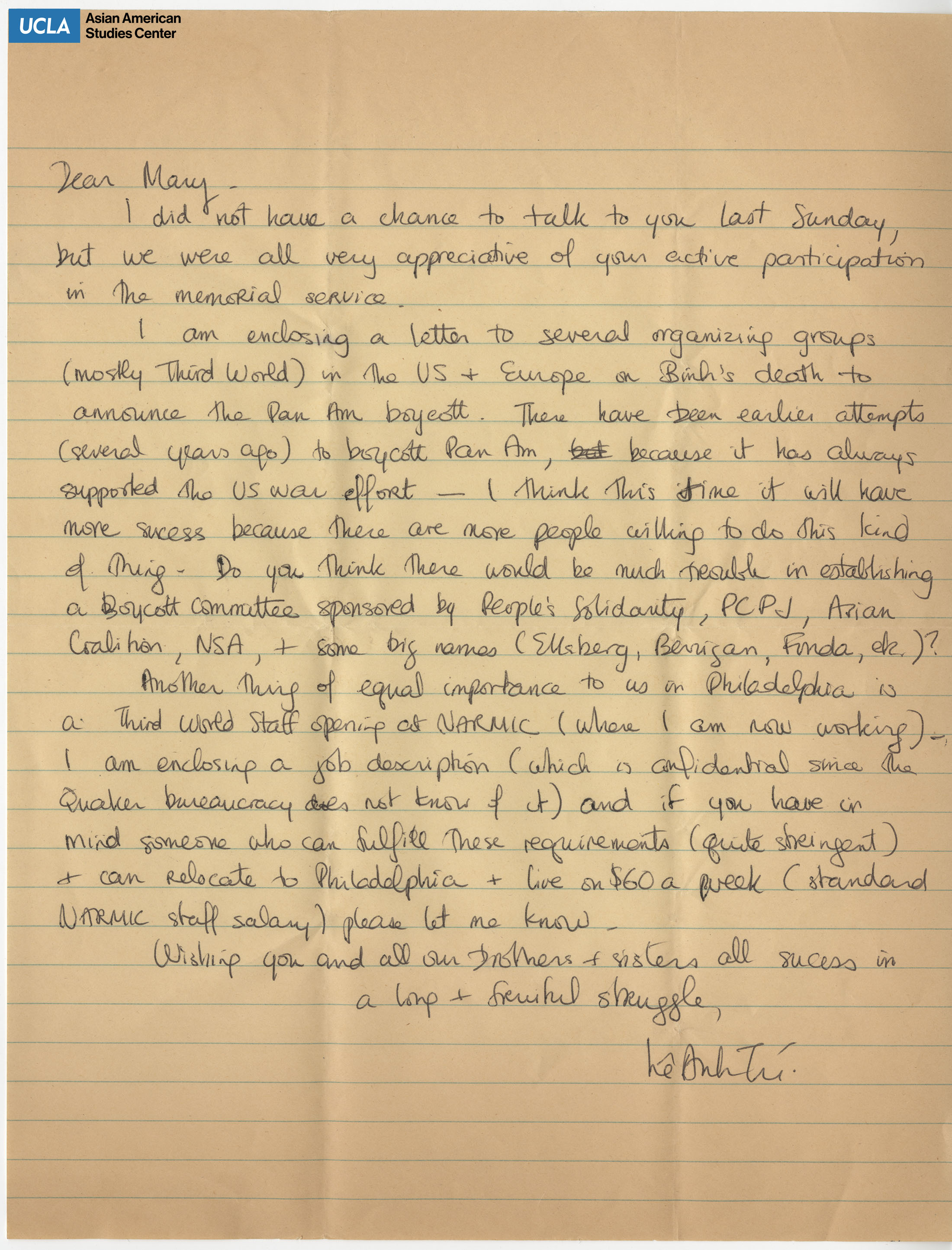 Letter addressed to Yuri Kochiyama on organizations and a job opening in Philadelphia.