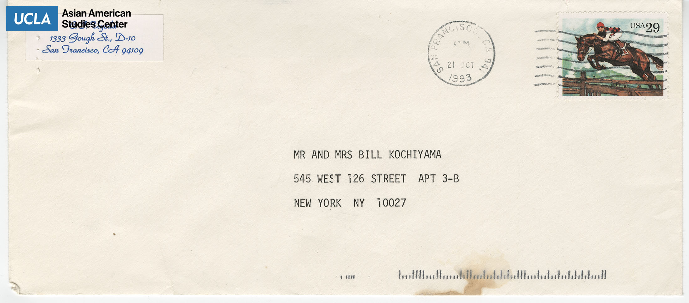 Envelope addressed to Bill and Yuri Kochiyama from C.J. Uyeda. Postmarked on October 21, 1993.