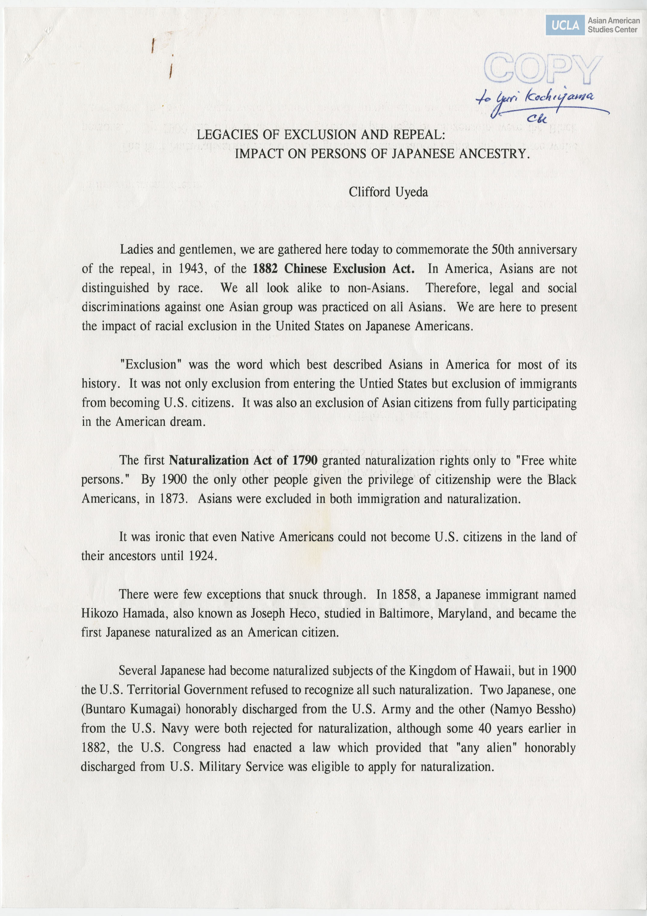Speech by Clifford Uyeda regarding American citizenship of Japanese Americans during World War II.