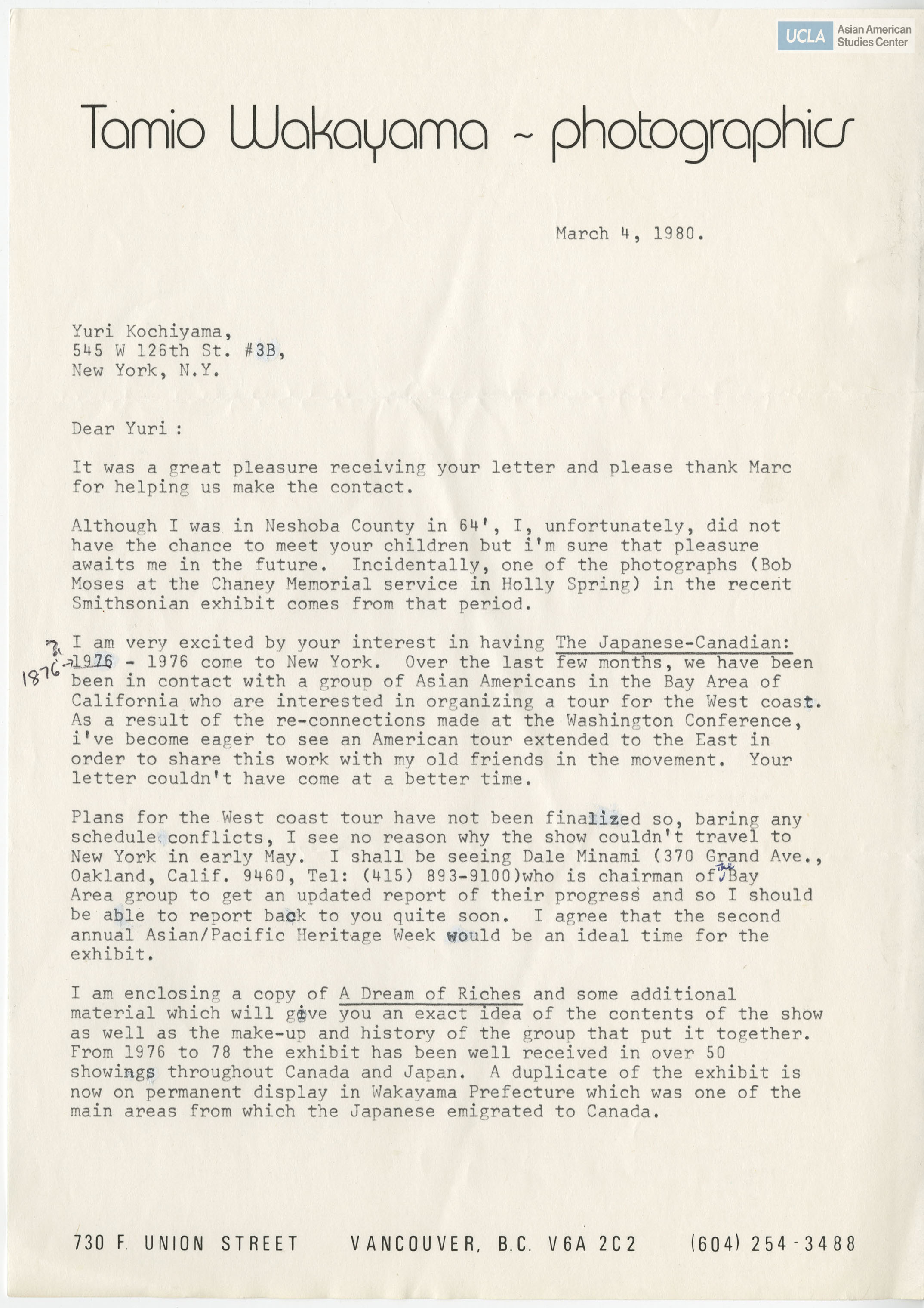 Letter addressed to Yuri Kochiyama regarding the Japanese Canadians exhibit and a possibility in an American exhibit tour.