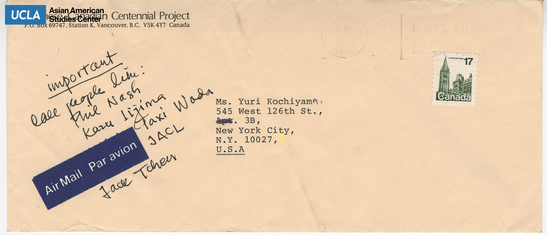 Envelope addressed to Yuri Kochiyama from Tamio Wakayama of the Japanese Canadian Centennial Project.