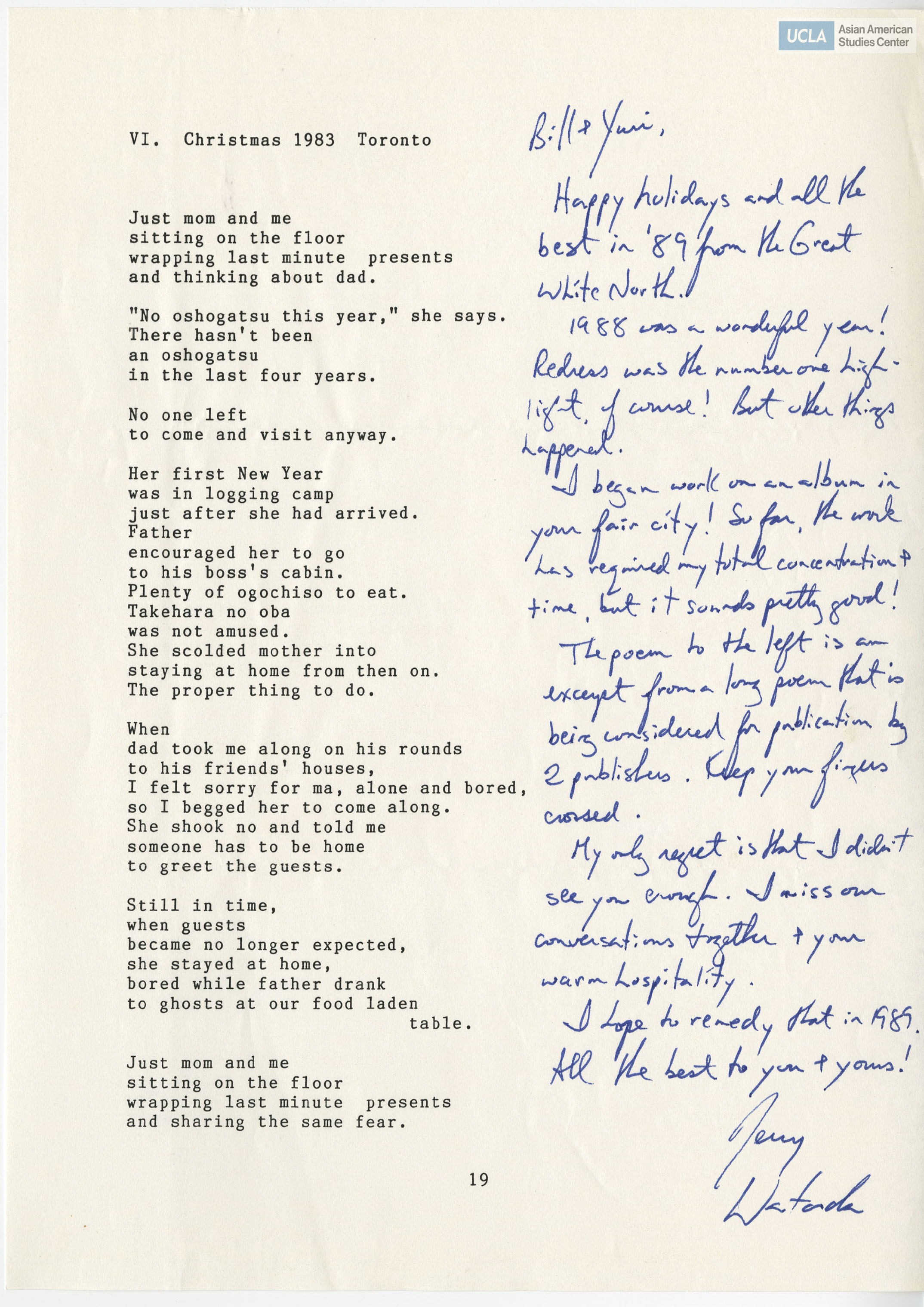 Letter wishing Bill and Yuri Kochiyama a happy holidays. Includes pages of poems.