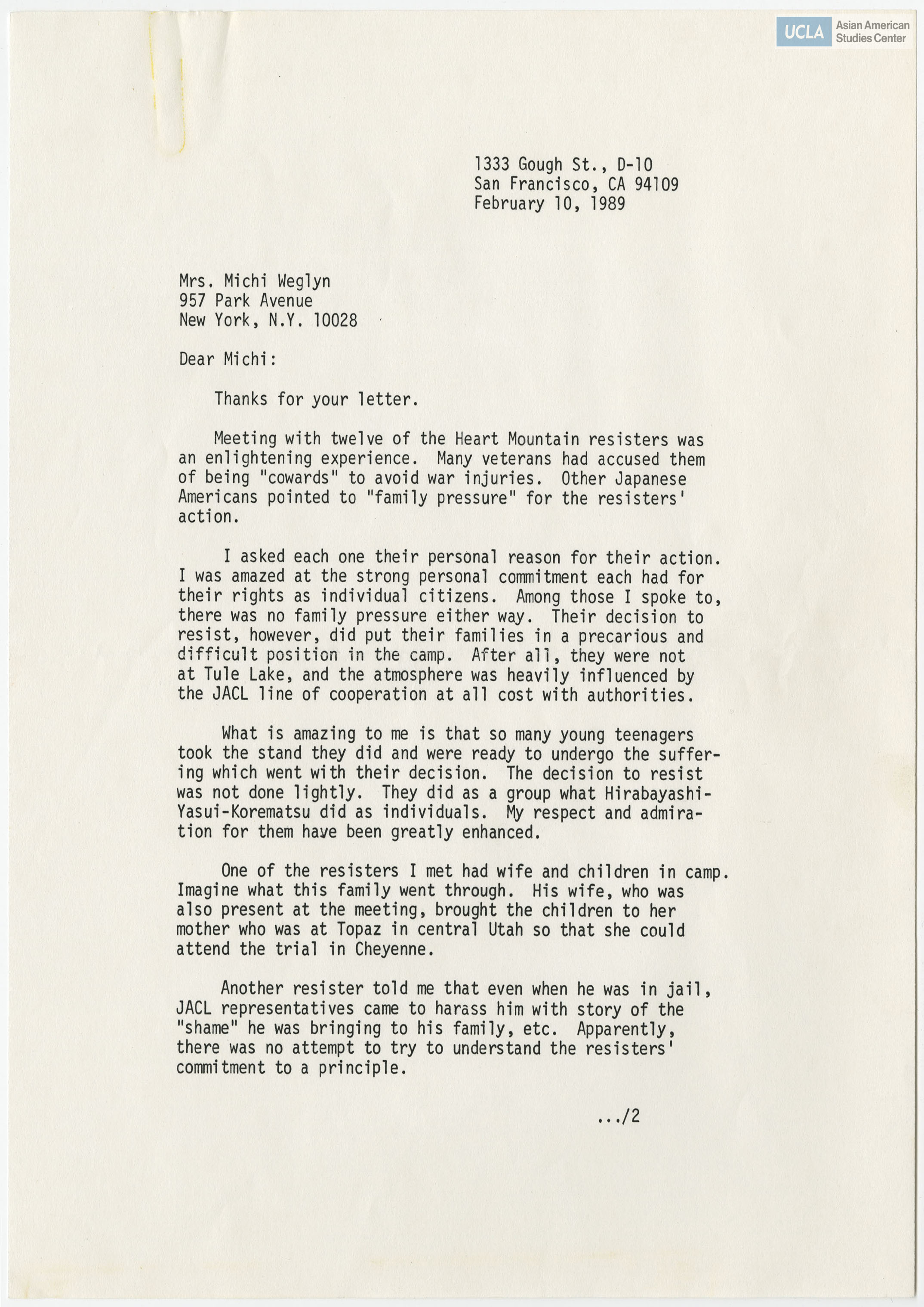 Letter addresses to Yuri and Bill Kochiyama on bidding their family well. Includes copy of letter from Clifford I. Uyeda and photocopies of newspaper clippings.