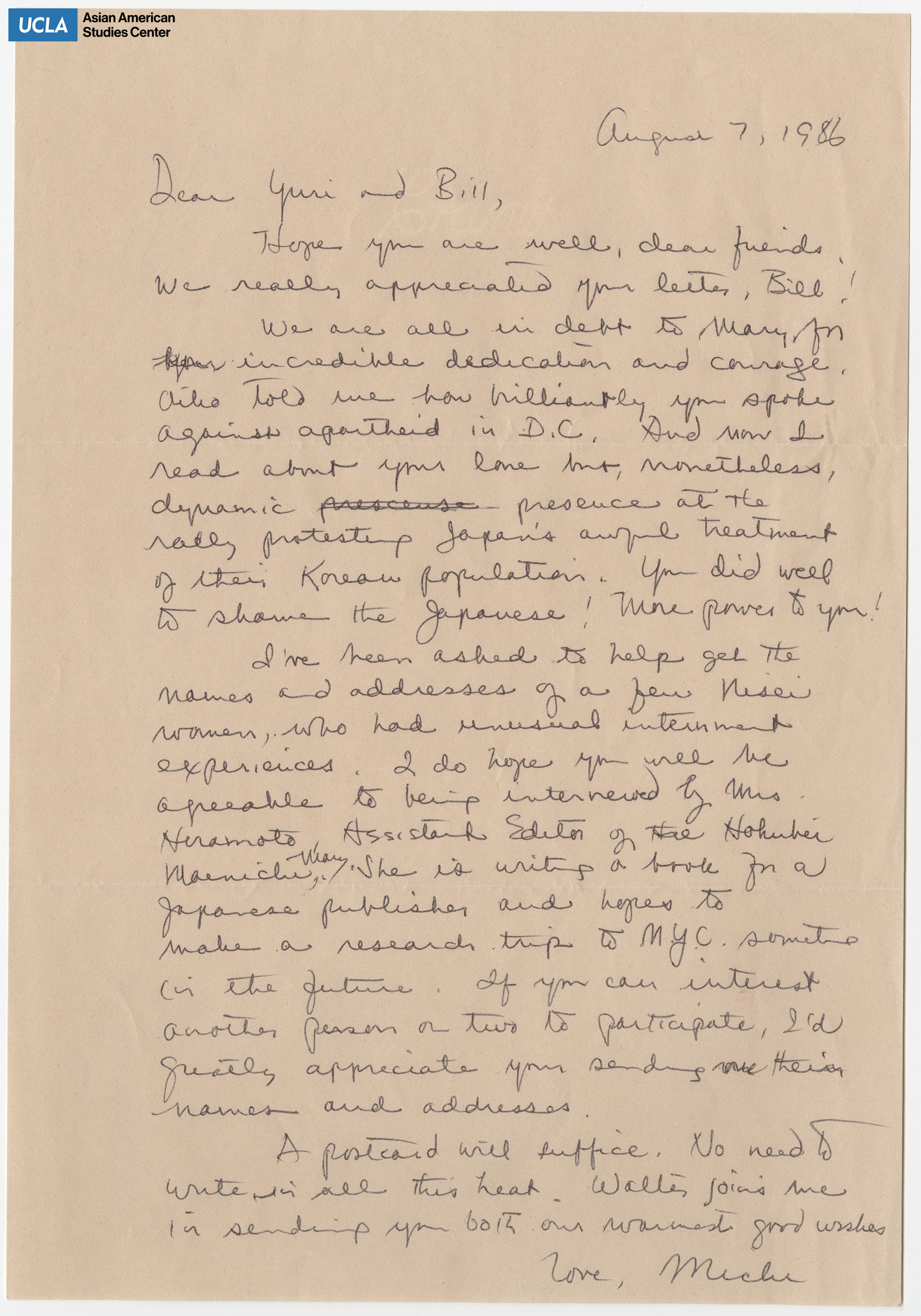 Letter addressed to Yuri and Bill Kochiyama on interviewing Nisei women who were incarcerated during World War II.