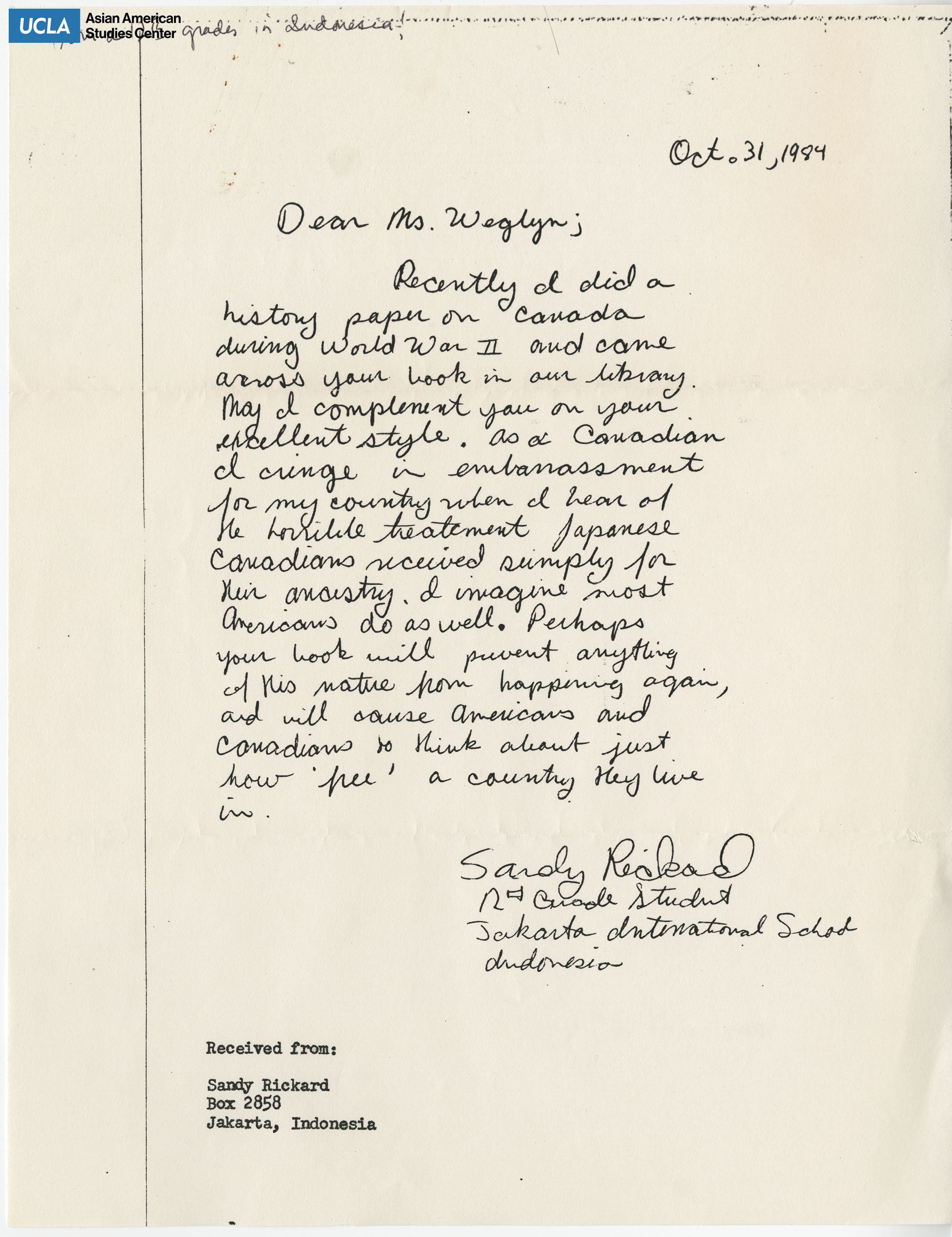 Letter thanking Michi Weglyn for book on Japanese Canadian history.