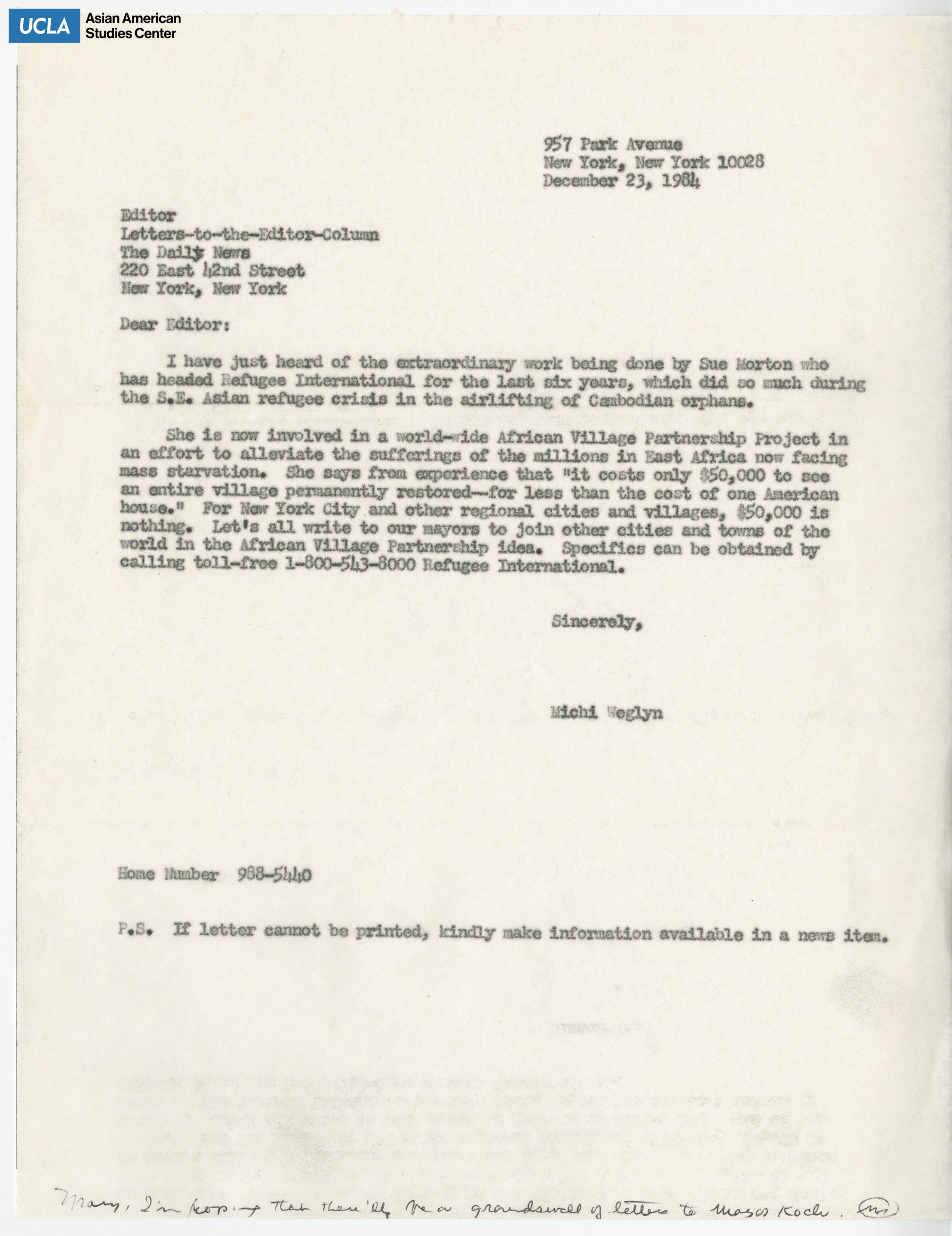 Letter addressed to an editor at the Daily News on the Southeast Asian regfugee crisis.
