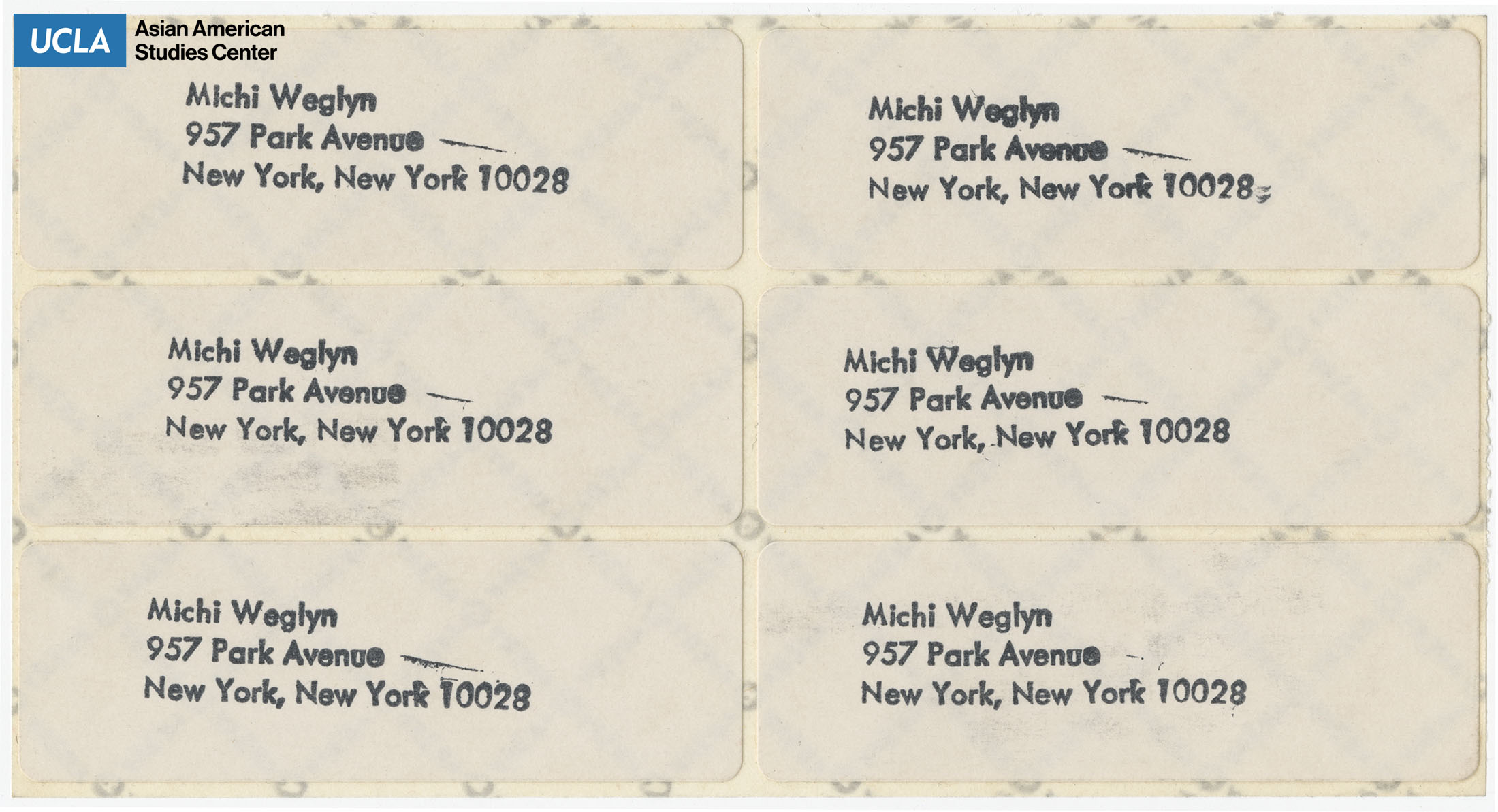 Sticker labels of Michi Weglyn's address.