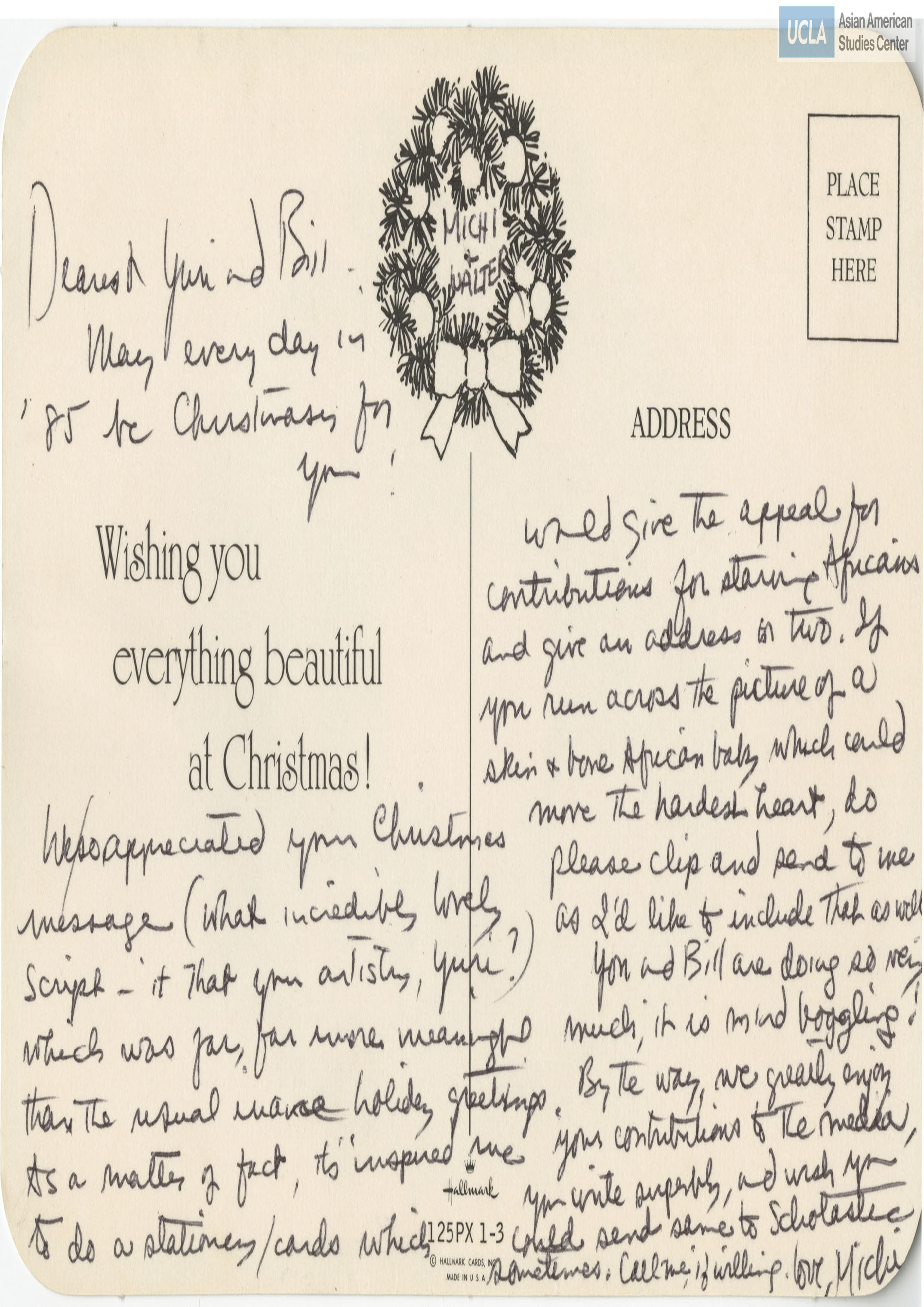 A Christmas postcard addressed to Yuri and Bill Kochiyama.