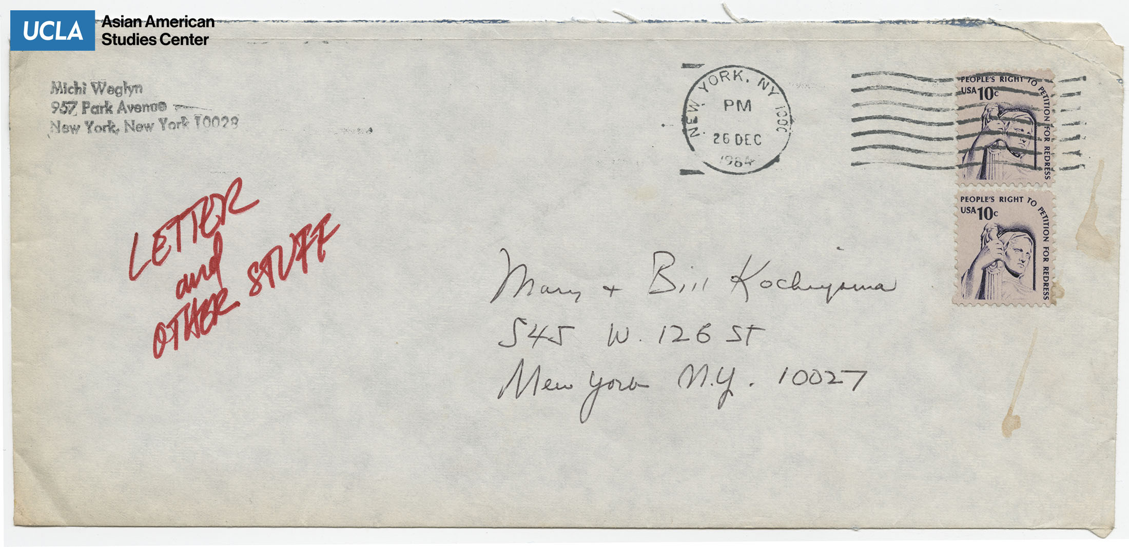 Envelope addressed to Yuri and Bill Kochiyama. Postmared on December 26, 1984.