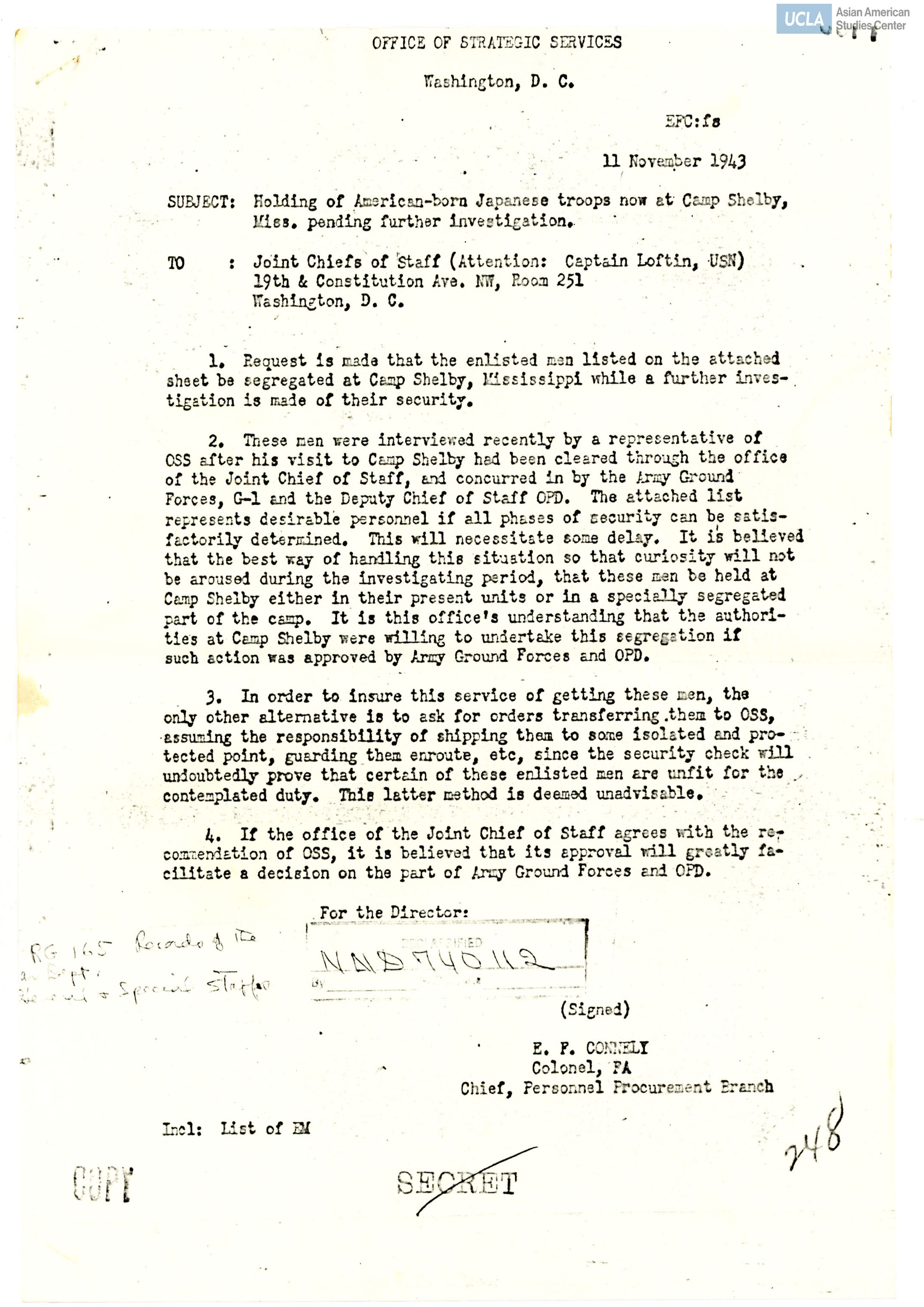 Addressed to Joint Chiefs of Staff on the request for holding Japanese American Troops in Camp Shelby.