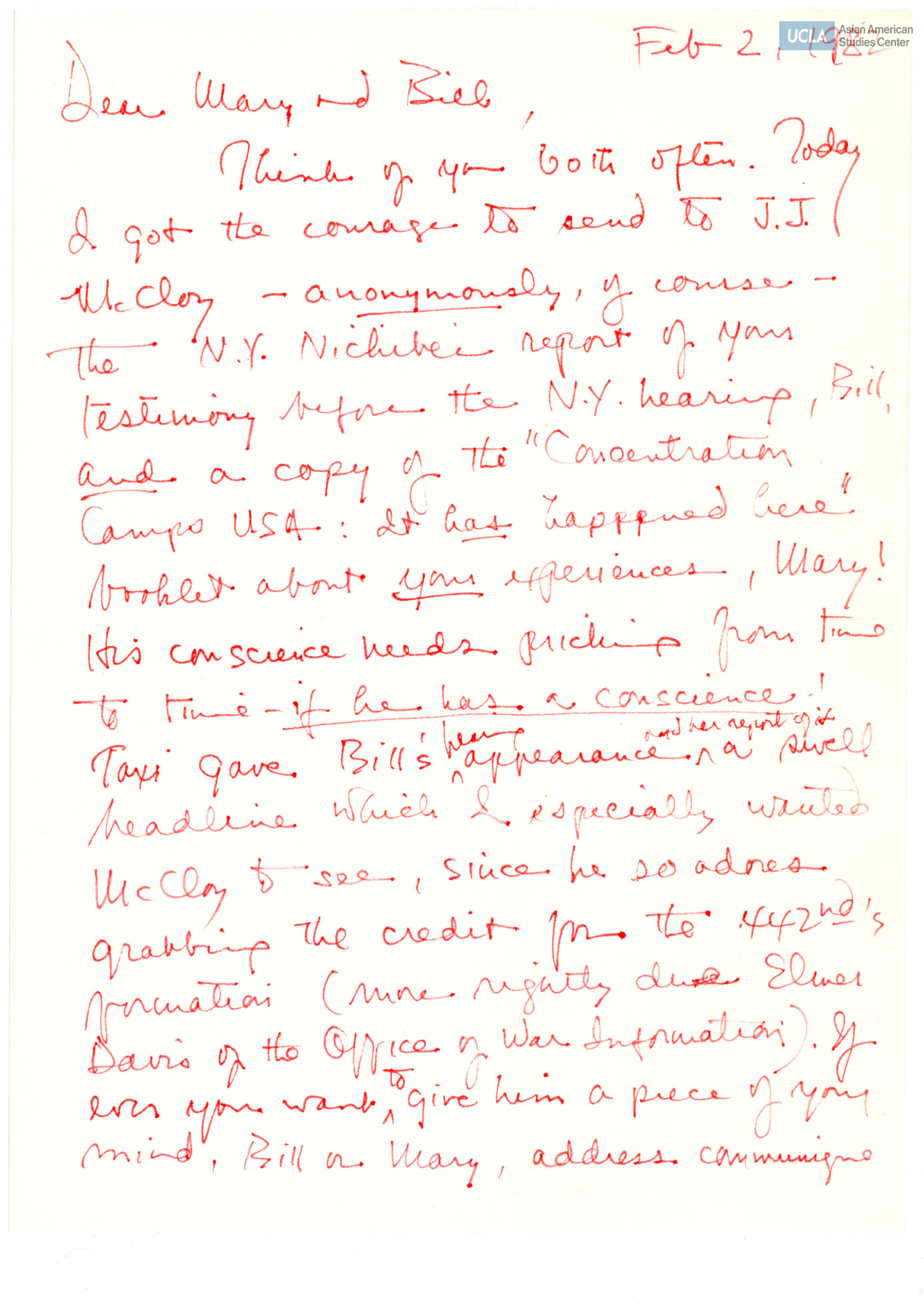 Letter addressed to Yuri and Bill Kochiyama. Includes photocopied documents on the recolllections on the evacuation of Japanese Americans during World War II and a form for purchase of 