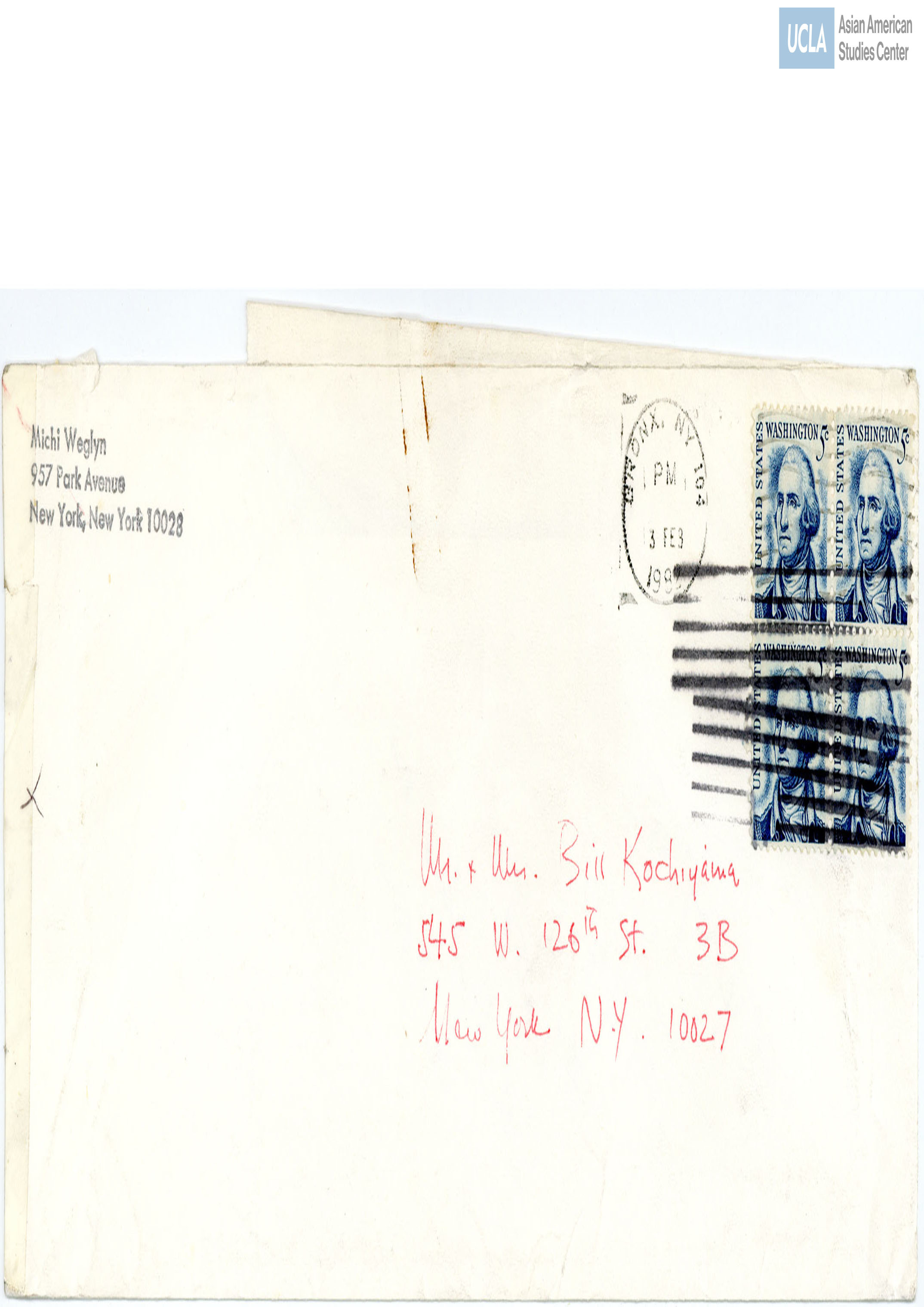 Envelope addressed to Yuri and Bill Kochiyama from Michi Weglyn. Postmarked on February 3, 1982.