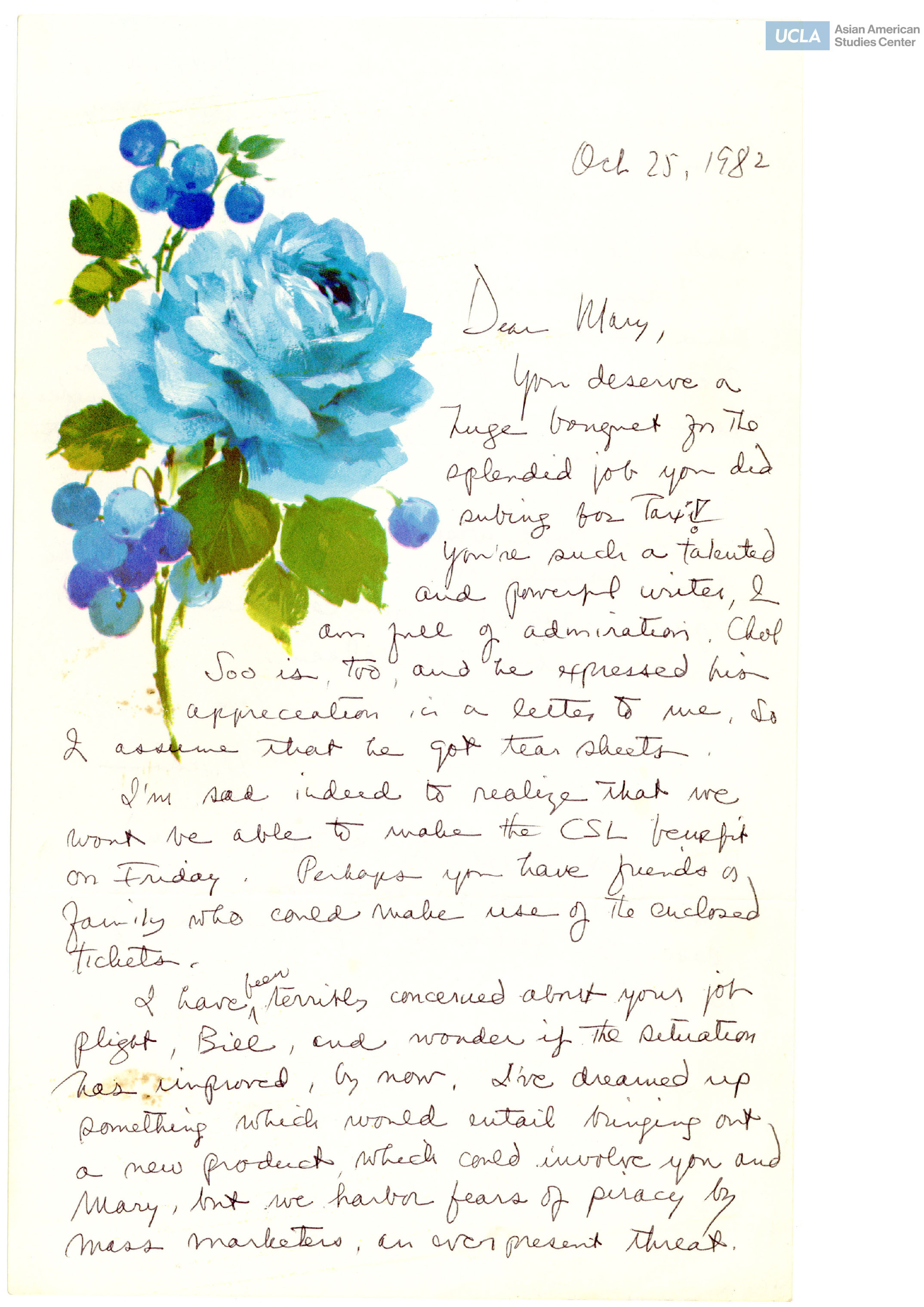 Letter addressed to Yuri Kochiyama. Includes a holiday postcard, dated December 3, 1982, and a photocopy letter on Chol Soo Lee.