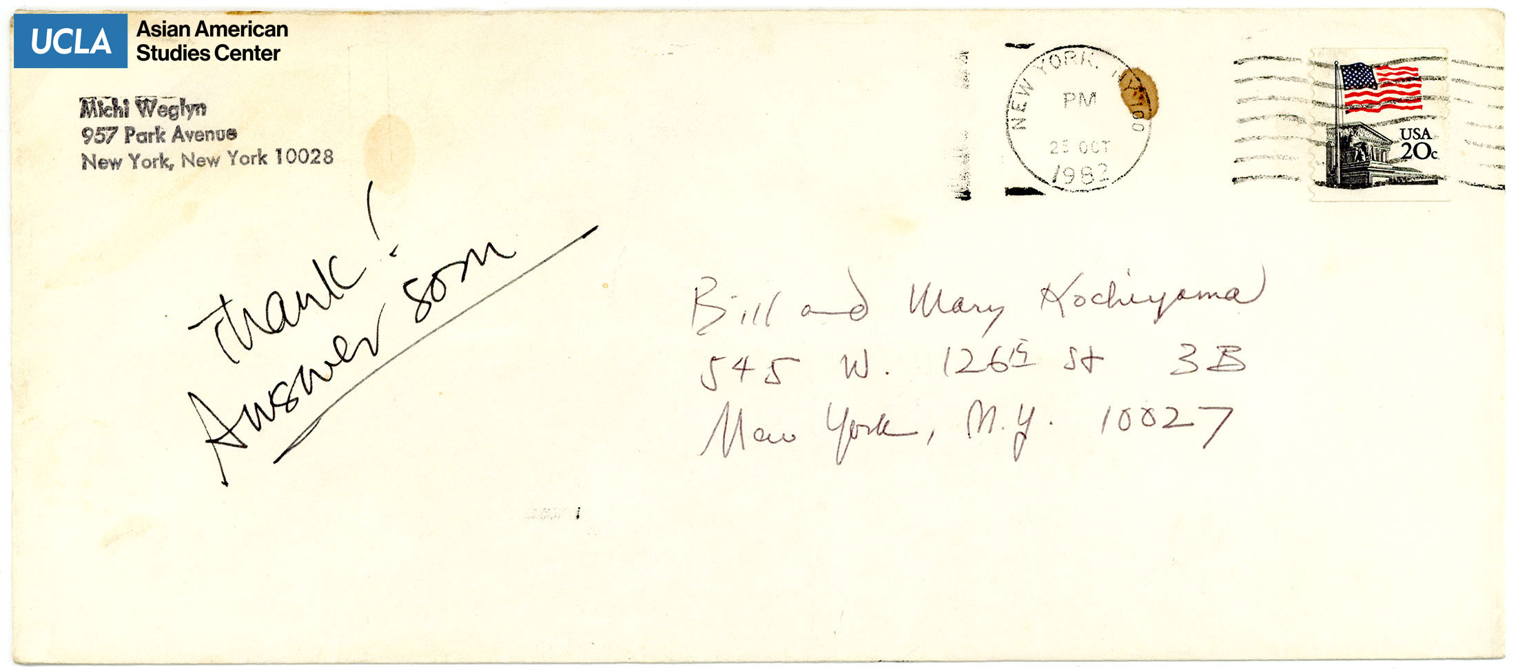 Envelope addressed to Bill and Yuri Kochiyama. Postmarked on October, 25, 1982.