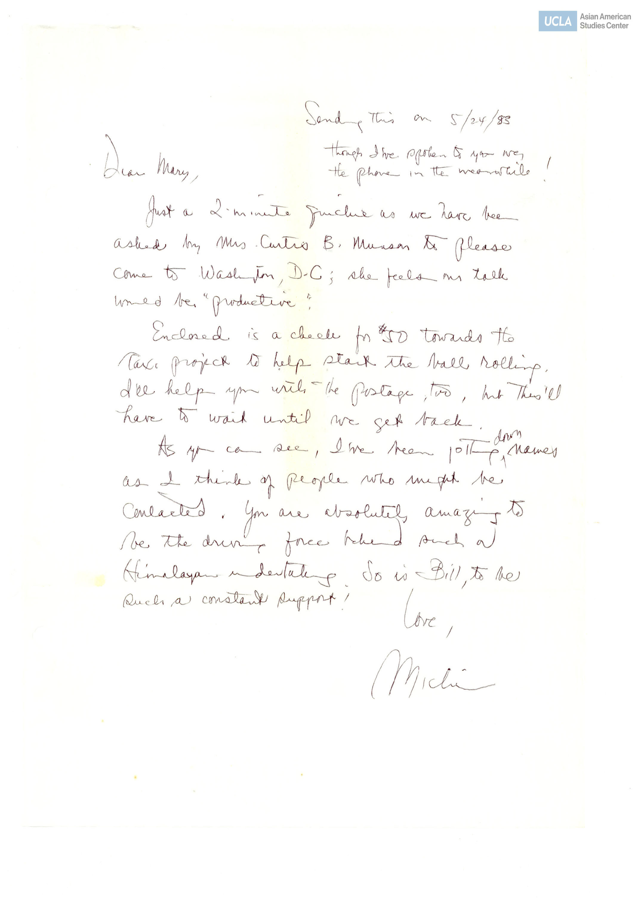 Letter addressed to Yuri Kochiyama. Includes addresses of contacts.