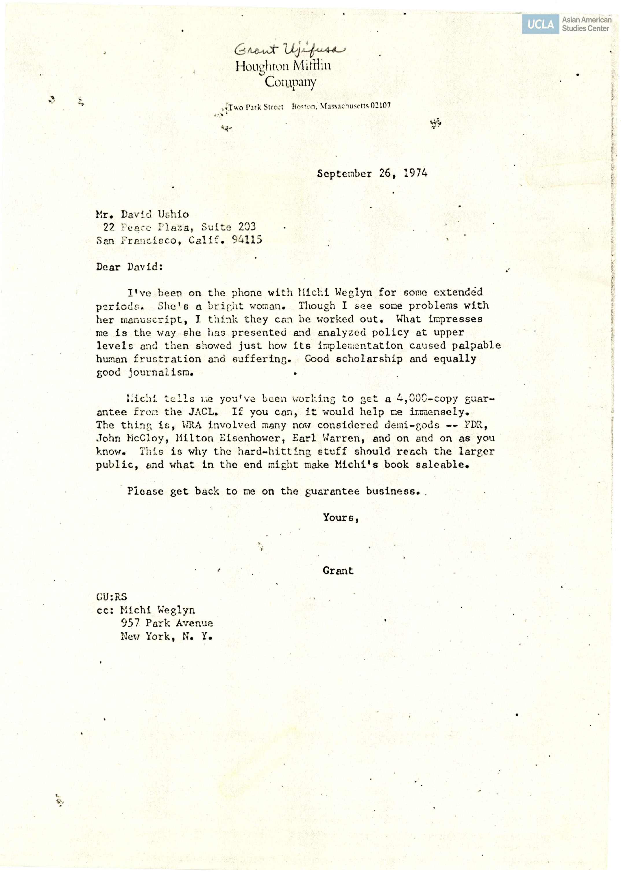 Photocopy letter addressed to David Ushio, dated on September 26, 1974. In addition to documents pertaining to the incarceration of Japanese Americans during World War II, dated on February 5, 1942.
