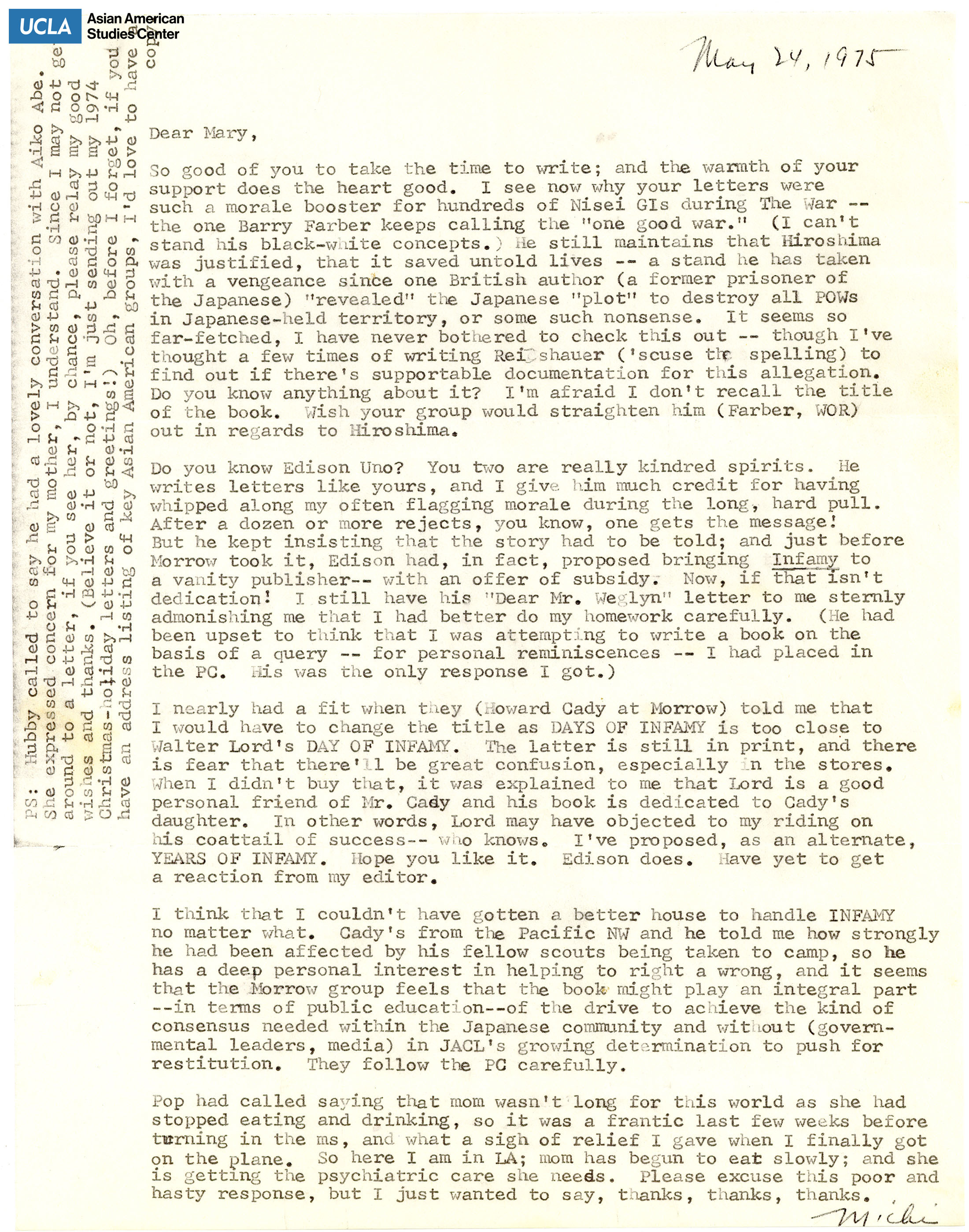 Letter giving thanks to Yuri Kochiyama and discussion on 