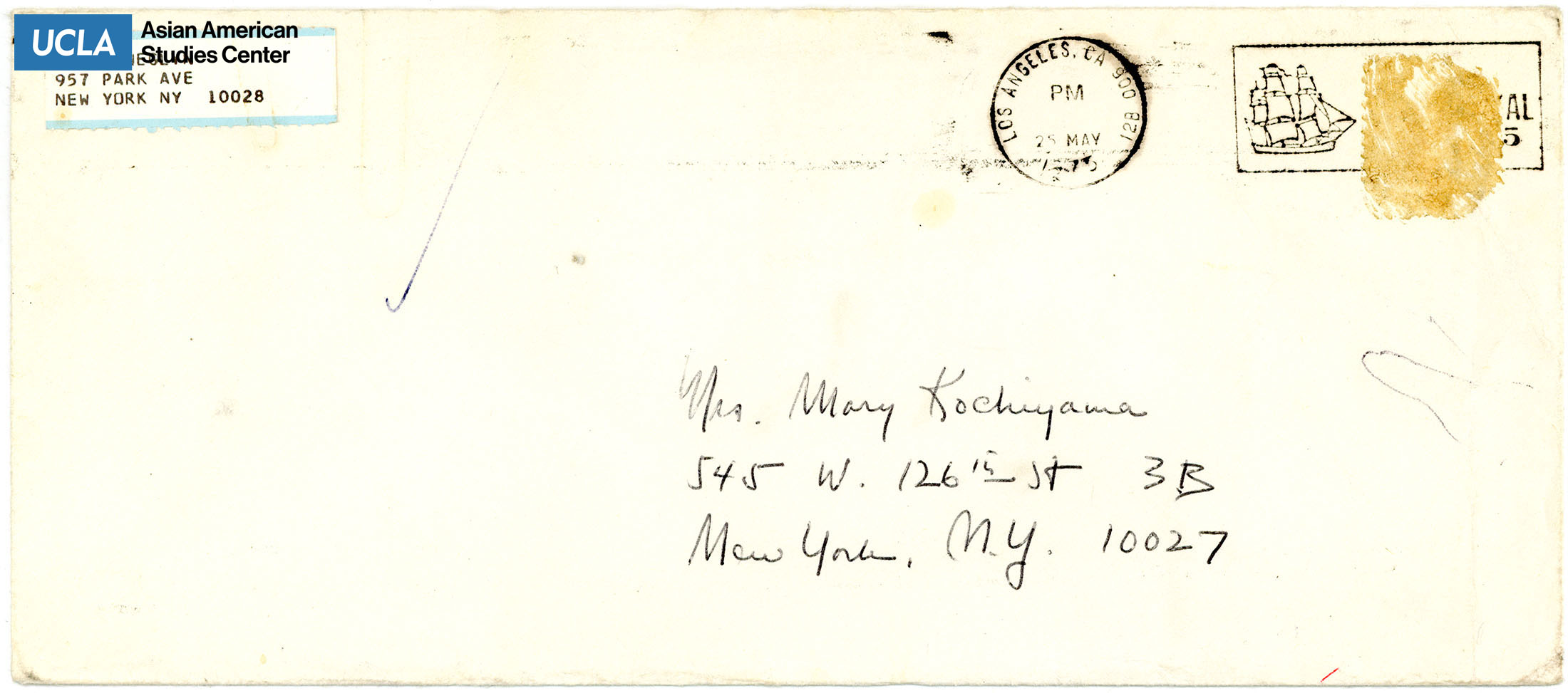 Envelope addressed to Yuri Kochiyama. Postmarked on May 25, 1975.