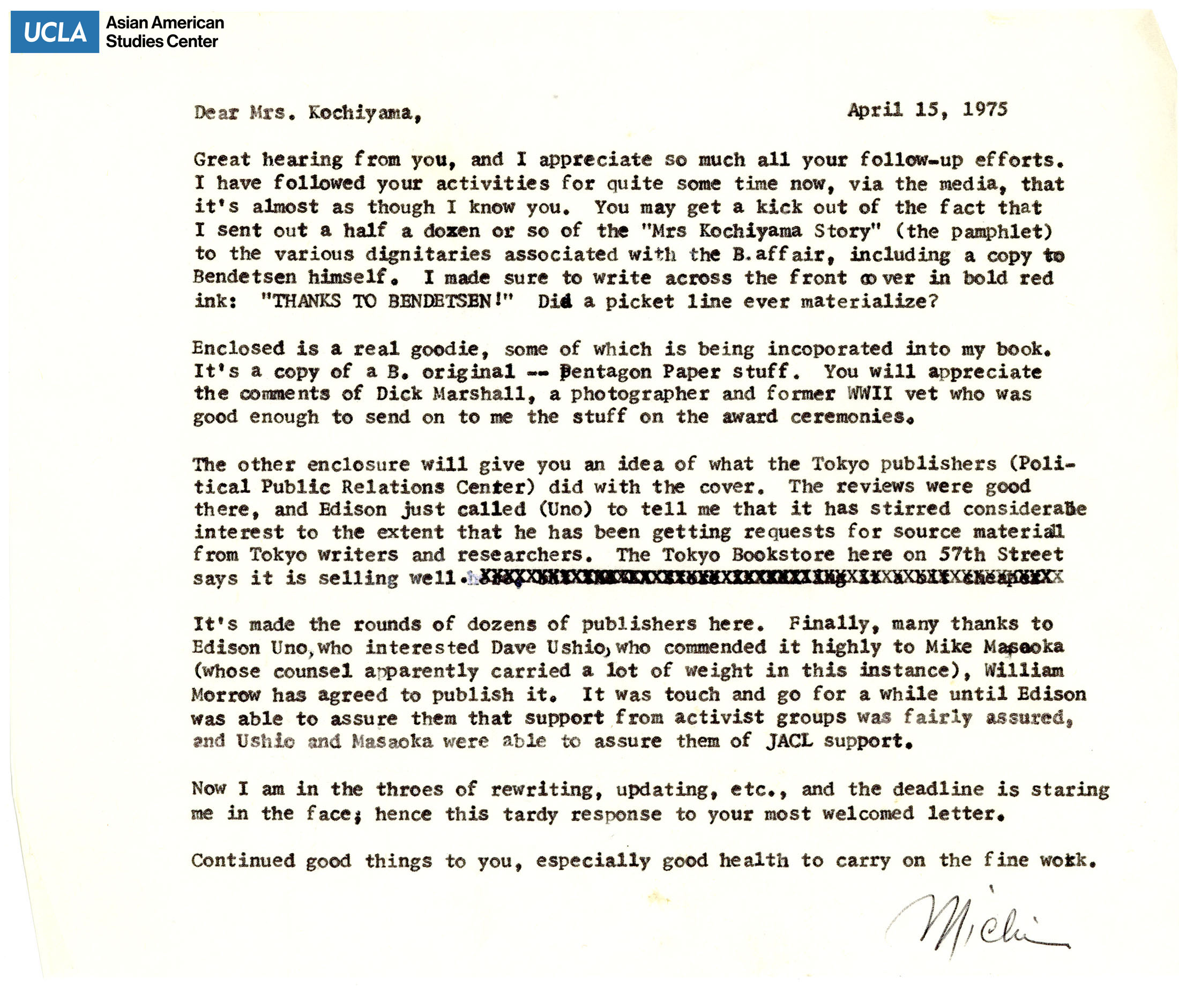 Letter addressed to Yuri Kochiyama regarding a follow-up on the publishers of Michi Weglyn's book.