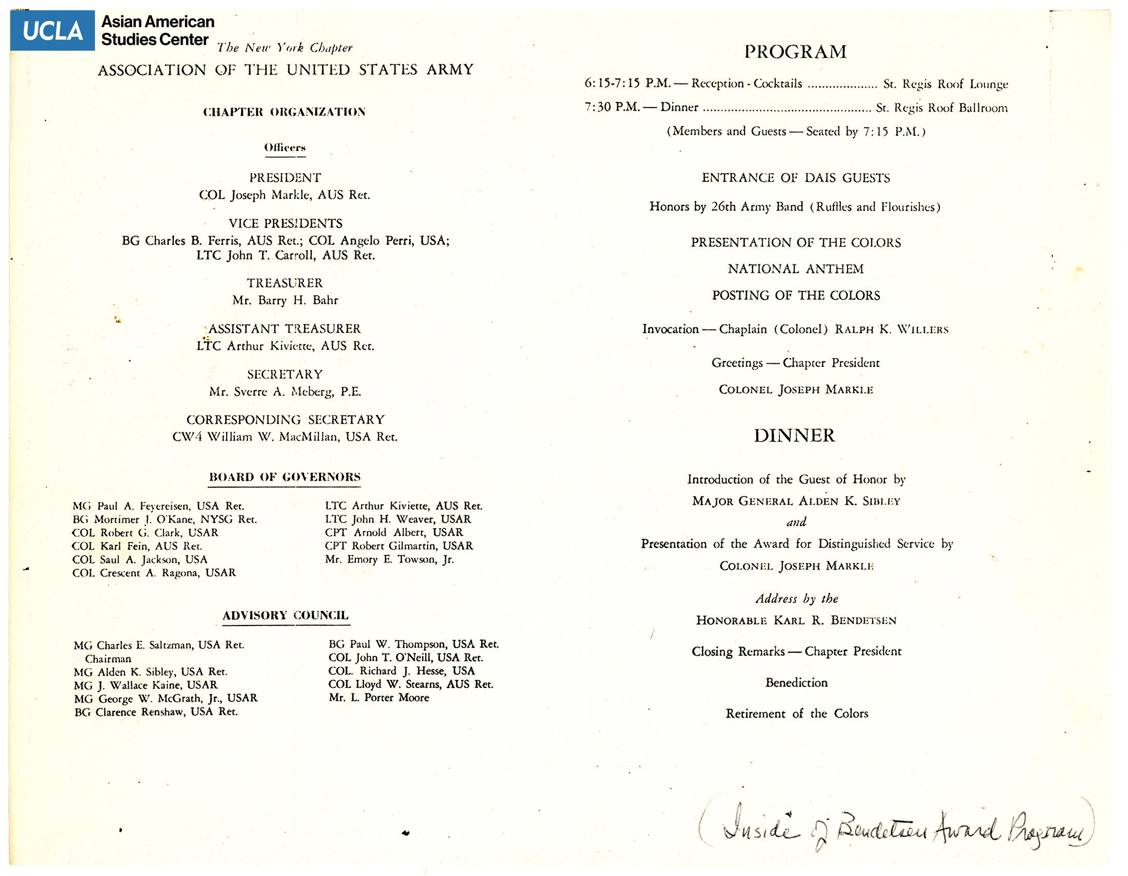Leaflet regarding a program of the Association of the United States Army New York Chapter.