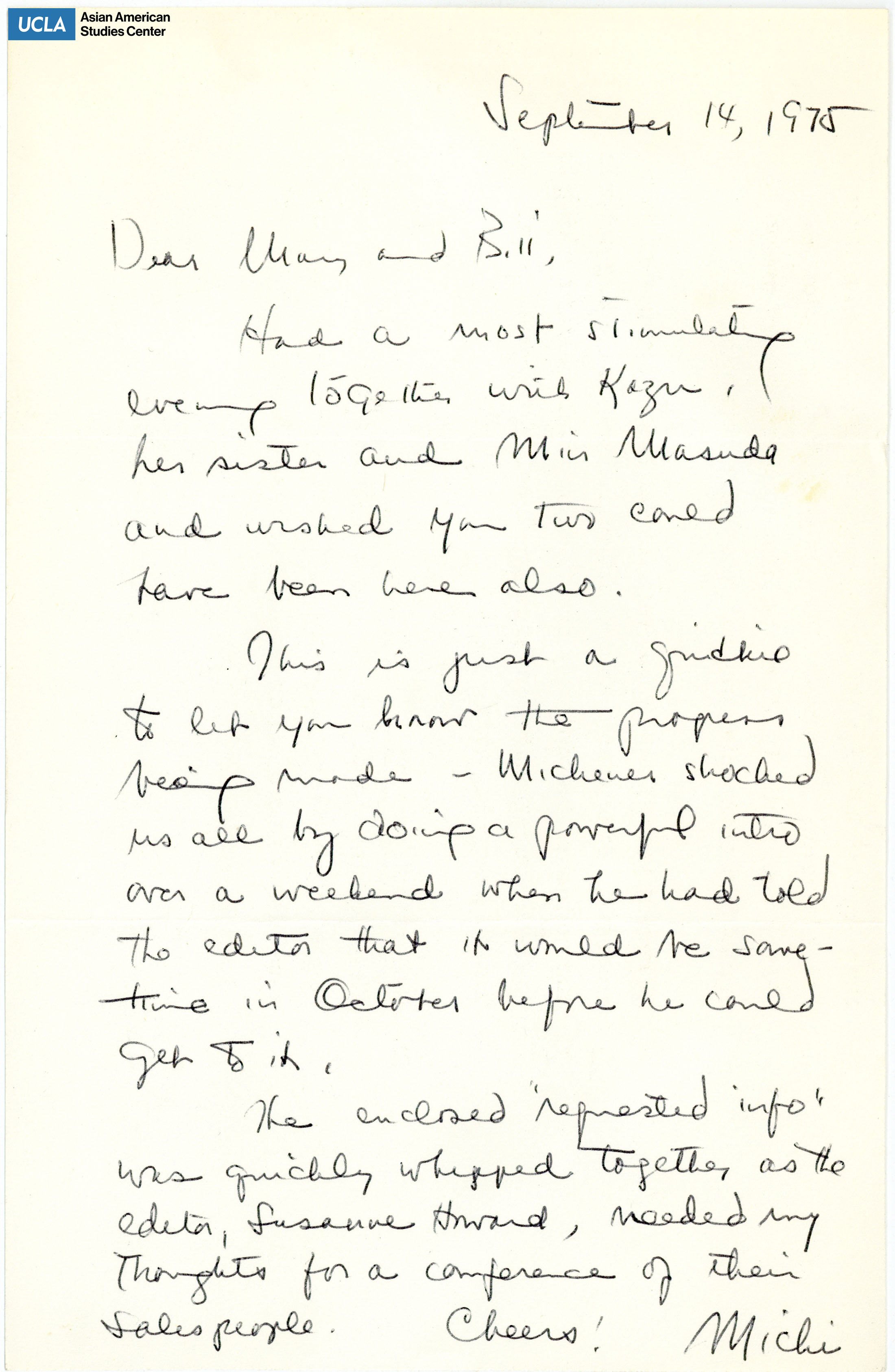 Letter addressed to Yuri and Bill Kochiyama.