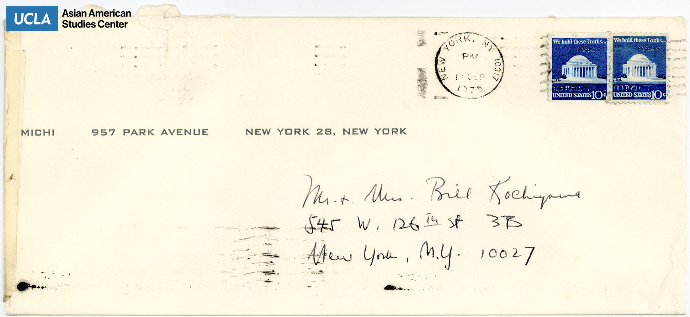 Envelope addressed to Yuri and Bill Kochiyama. Postmarked on September 15, 1975.