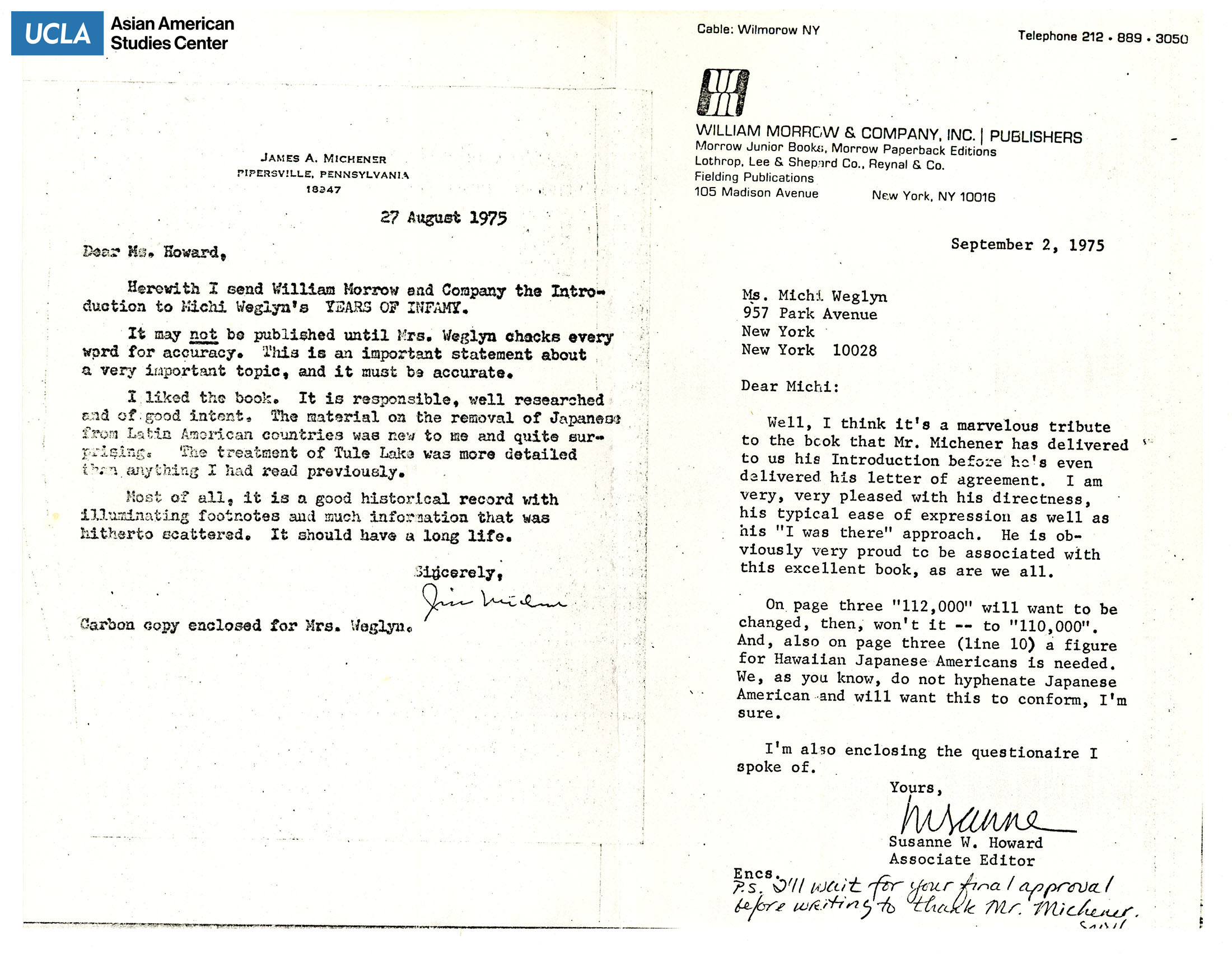 Letter addressed to Michi Weglyn from James A. Michener on book, 