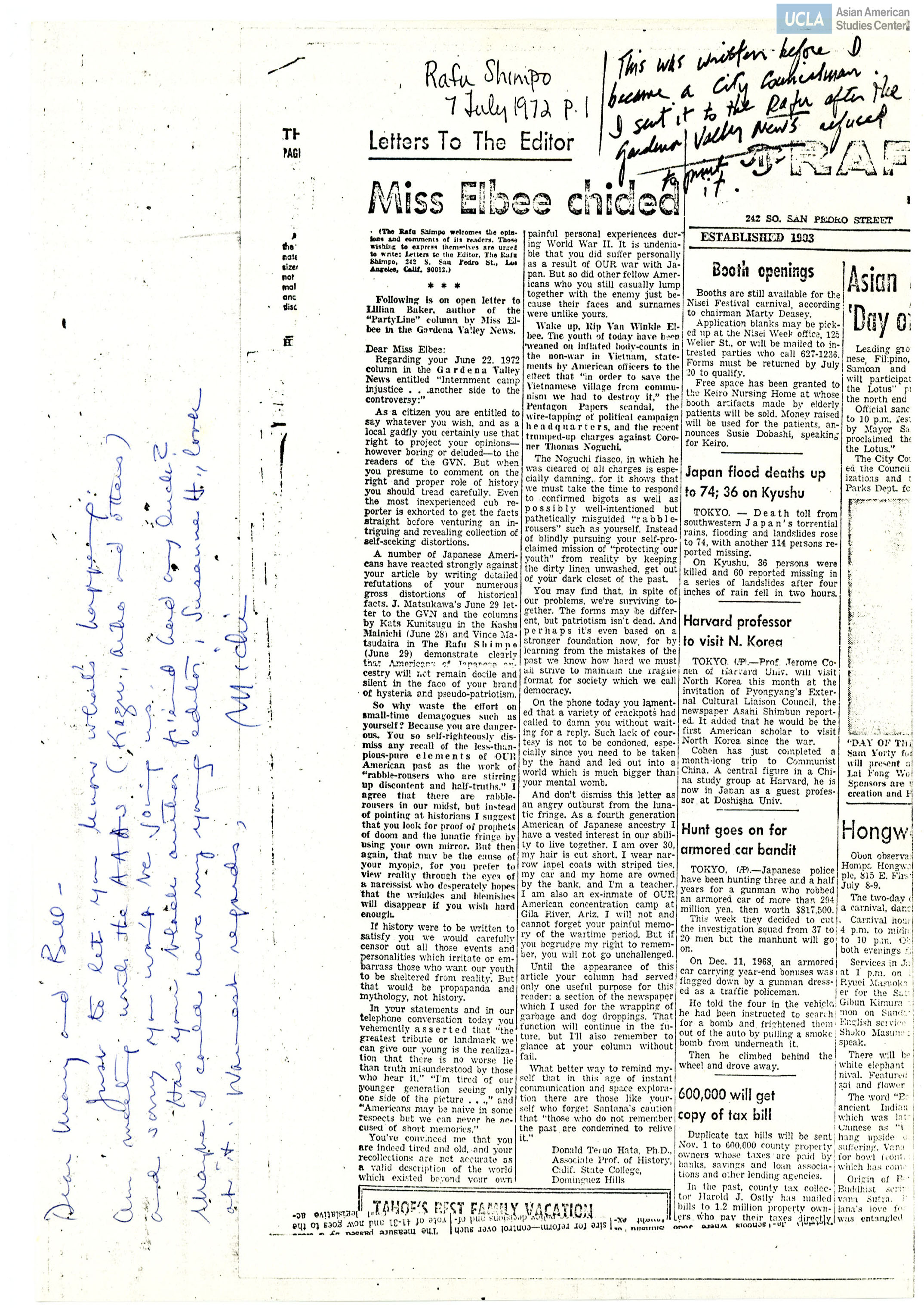 Letter addressed to Yuri and Bill Kochiyama. Includes newspaper clippings of Rafu Shimpo and letters from publishers.