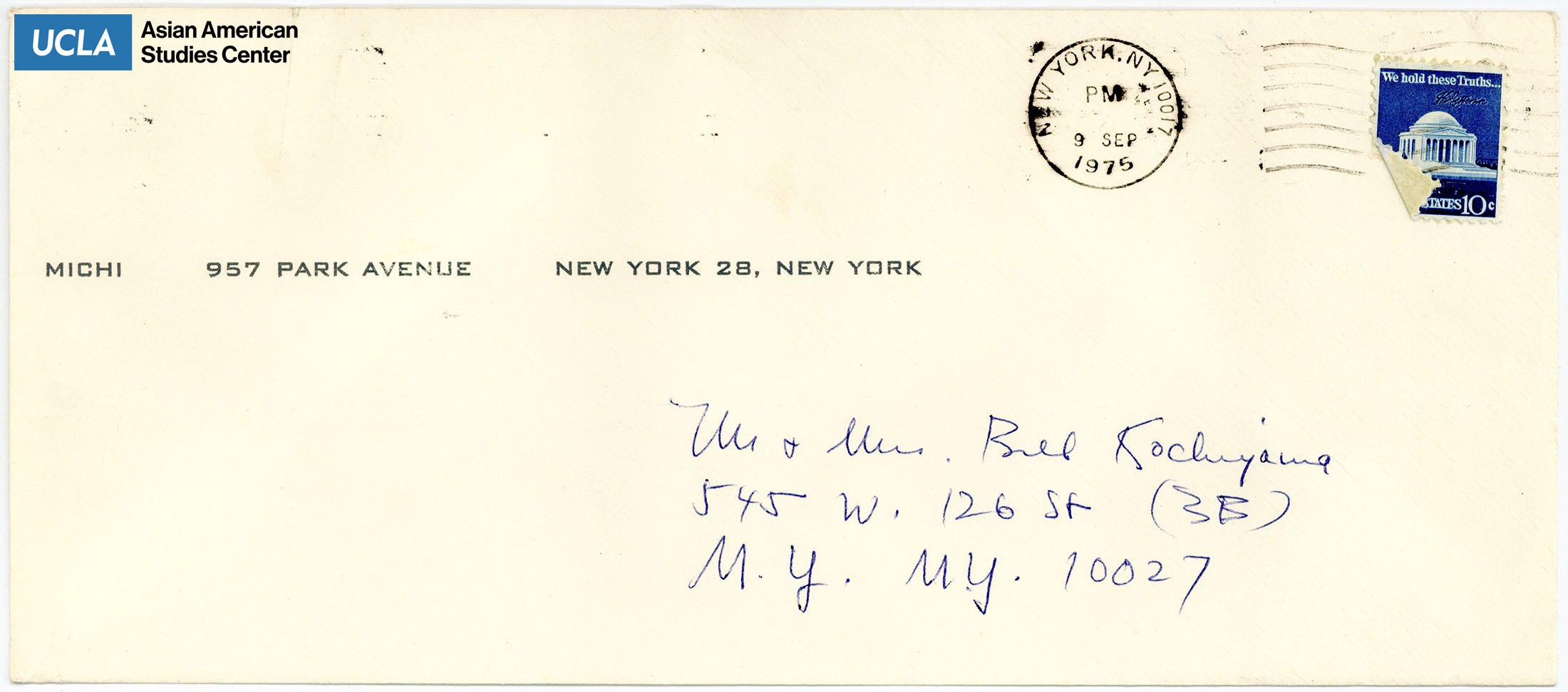 Envelope addressed to Yuri and Bill Kochiyama. Postmarked on September 9, 1975.