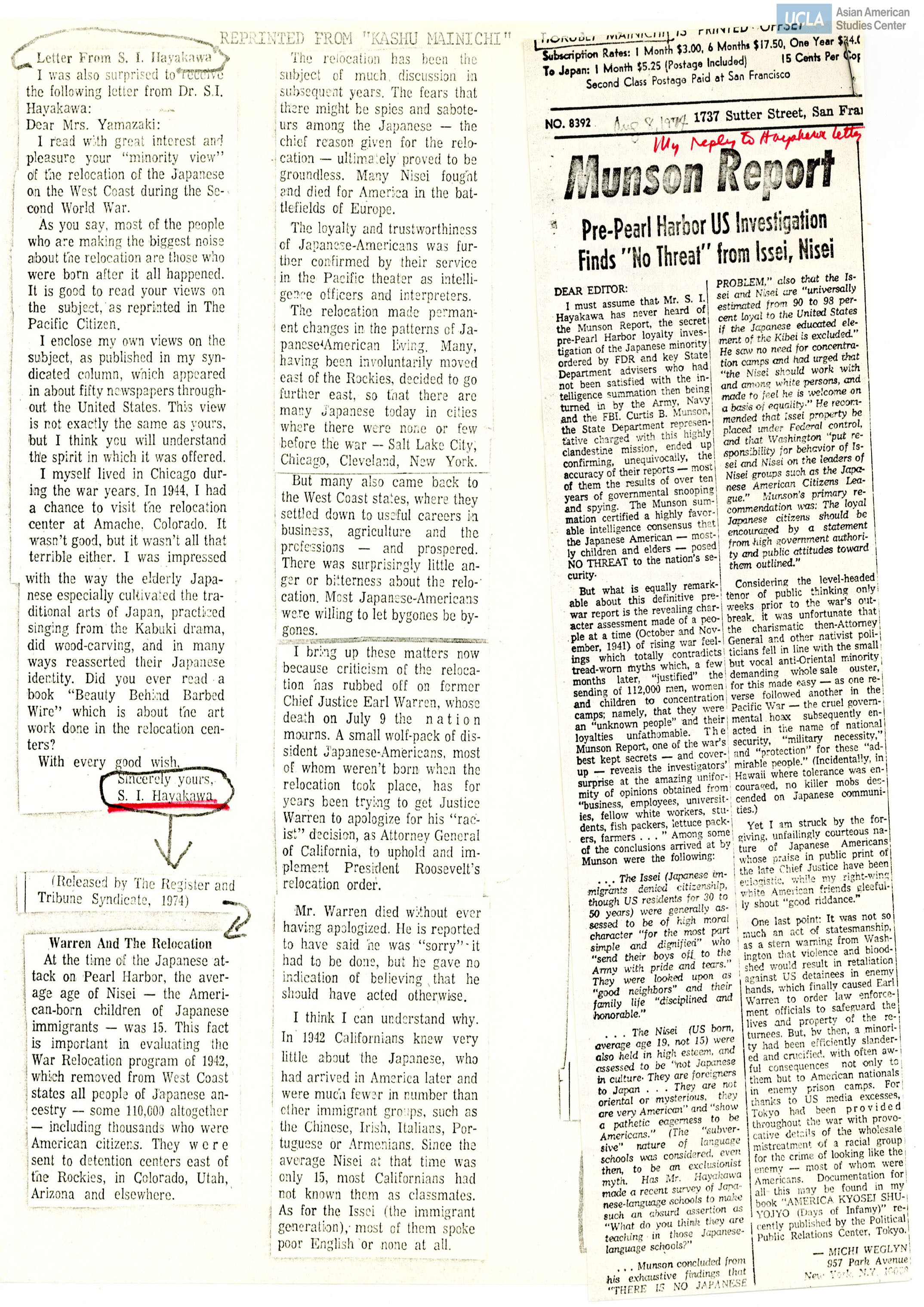 Letter addressed to Yuri and Bill Kochiyama. Includes newspaper clippings on the incarceration of Japanese Americans during World War II.