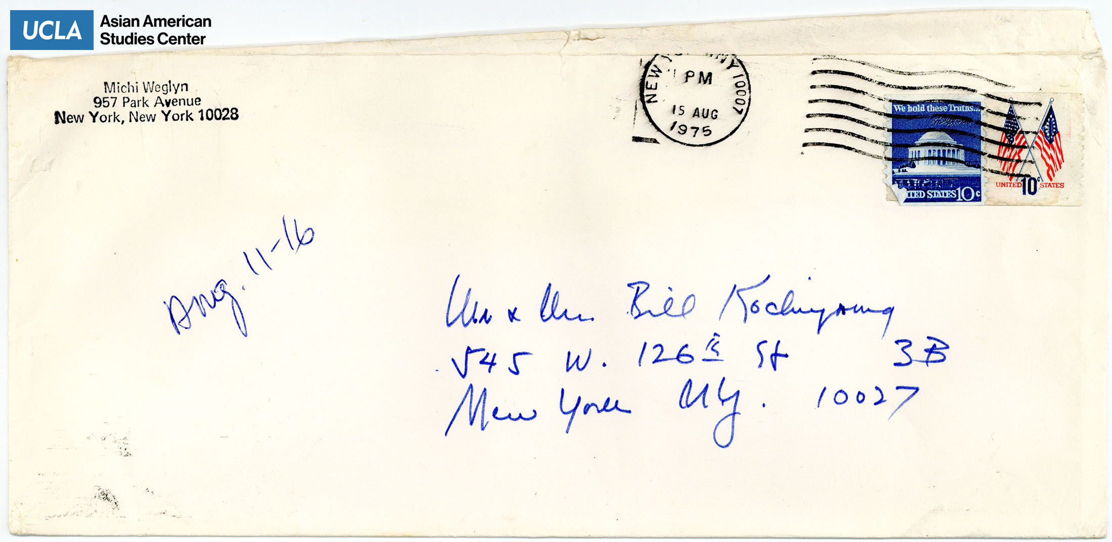 Envelope addressed to Yuri and Bill Kochiyama. Postmarked on August 15, 1975.