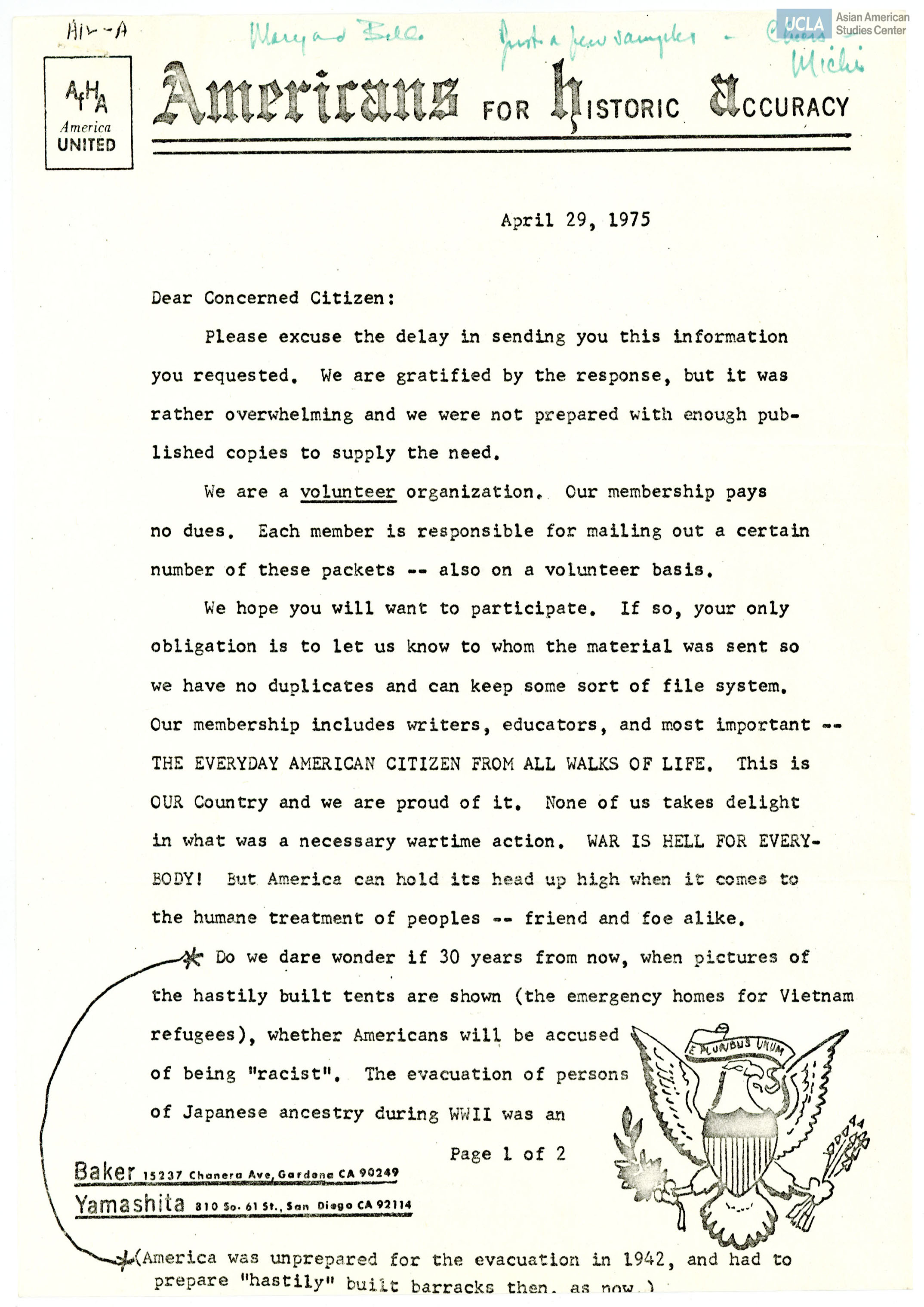 Sample letter addressed to Concerned Citizen on the incarceration of Japanese Americans during World War II.