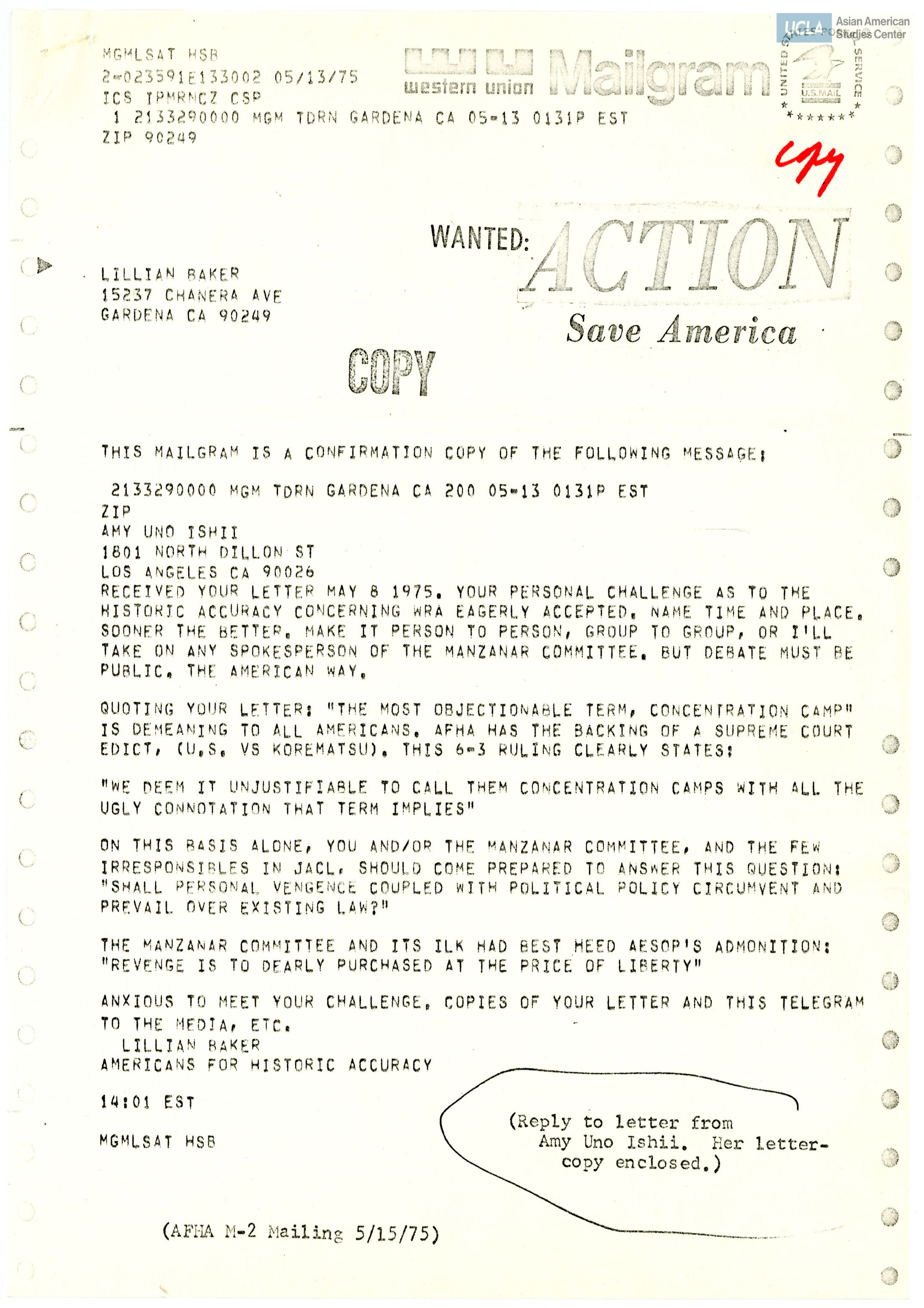 Letters addressed to Lillian Baker, Americans for Historic Accuracy, on the camps to be called concentration camps where Japanese Americans were incarcerated during World War II.