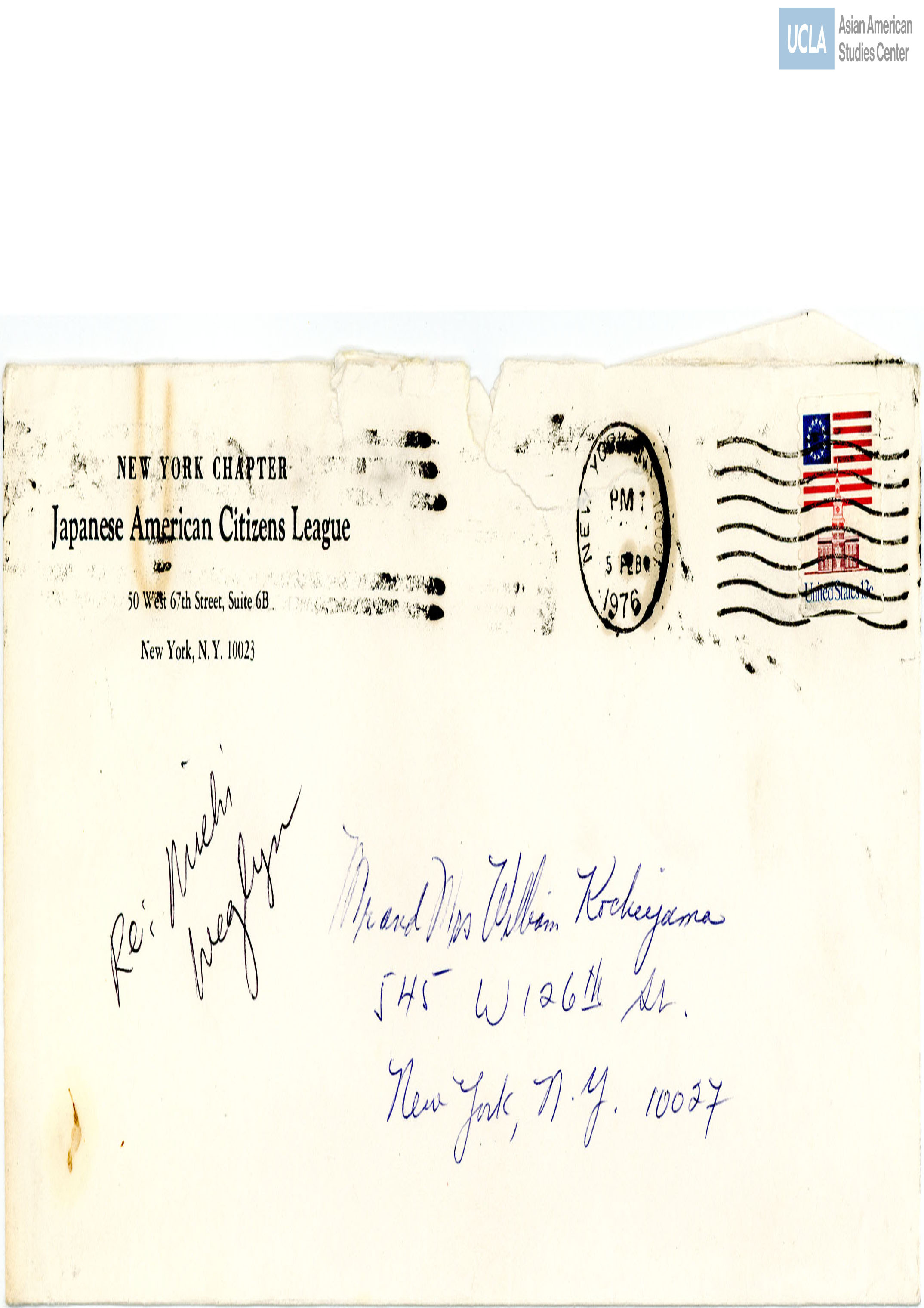 Envelope addressed to Yuri and William (Bill) Kochiyama. Postmarked on February 5, 1976.