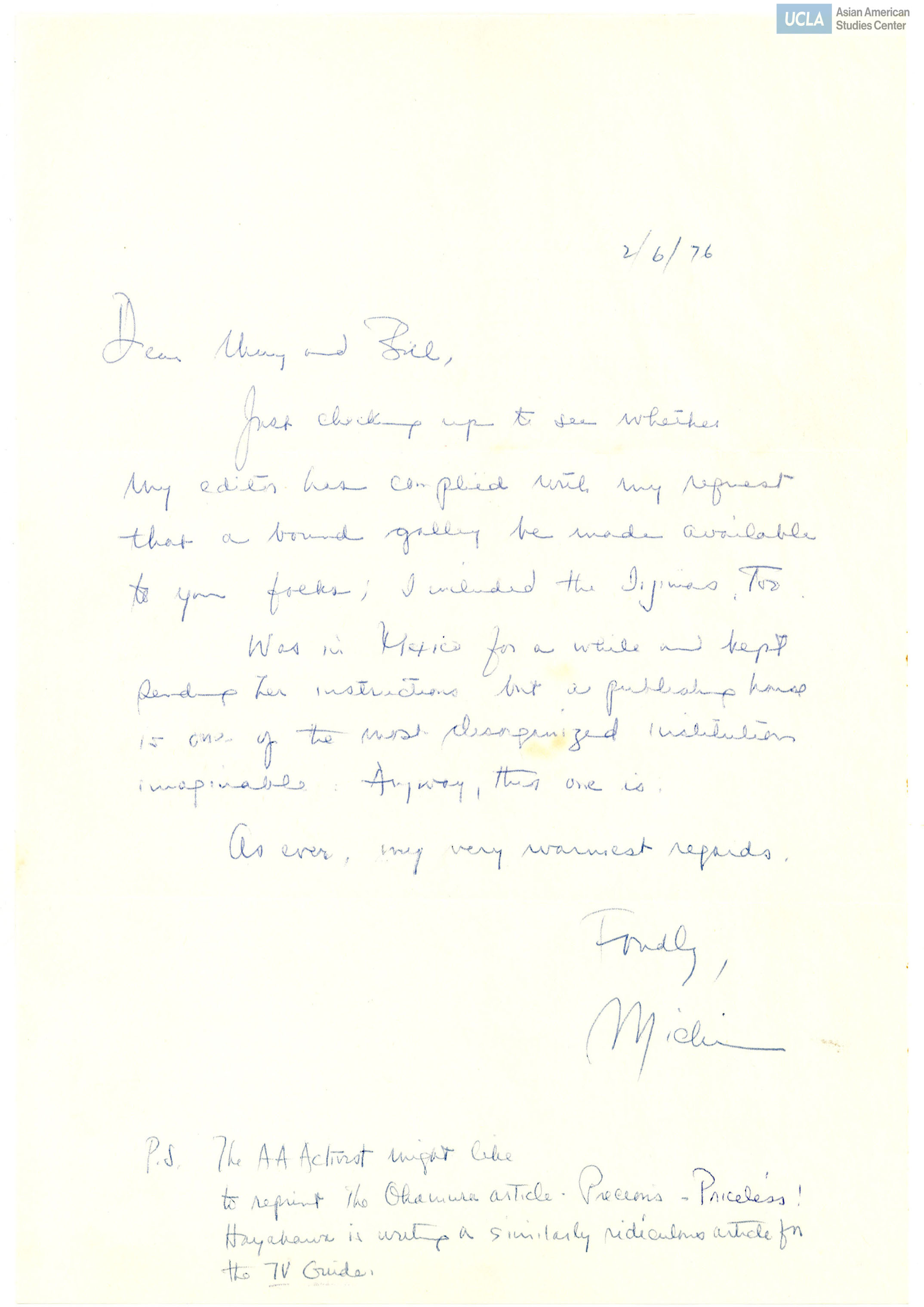 Letter addressed to Yuri and Bill Kochiyama on a request from the editor. Includes newspaper clippings written by Raymond Okamura.