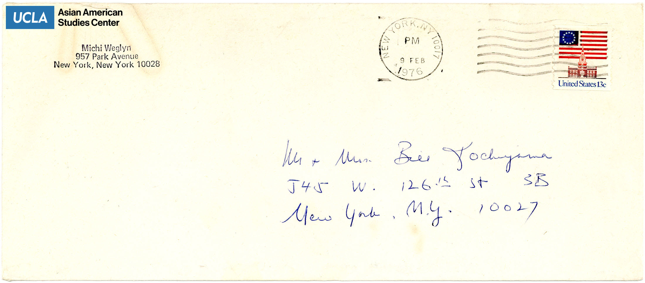 Envelope addressed to Yuri and Bill Kochiyama. Postmarked on February 9, 1976.