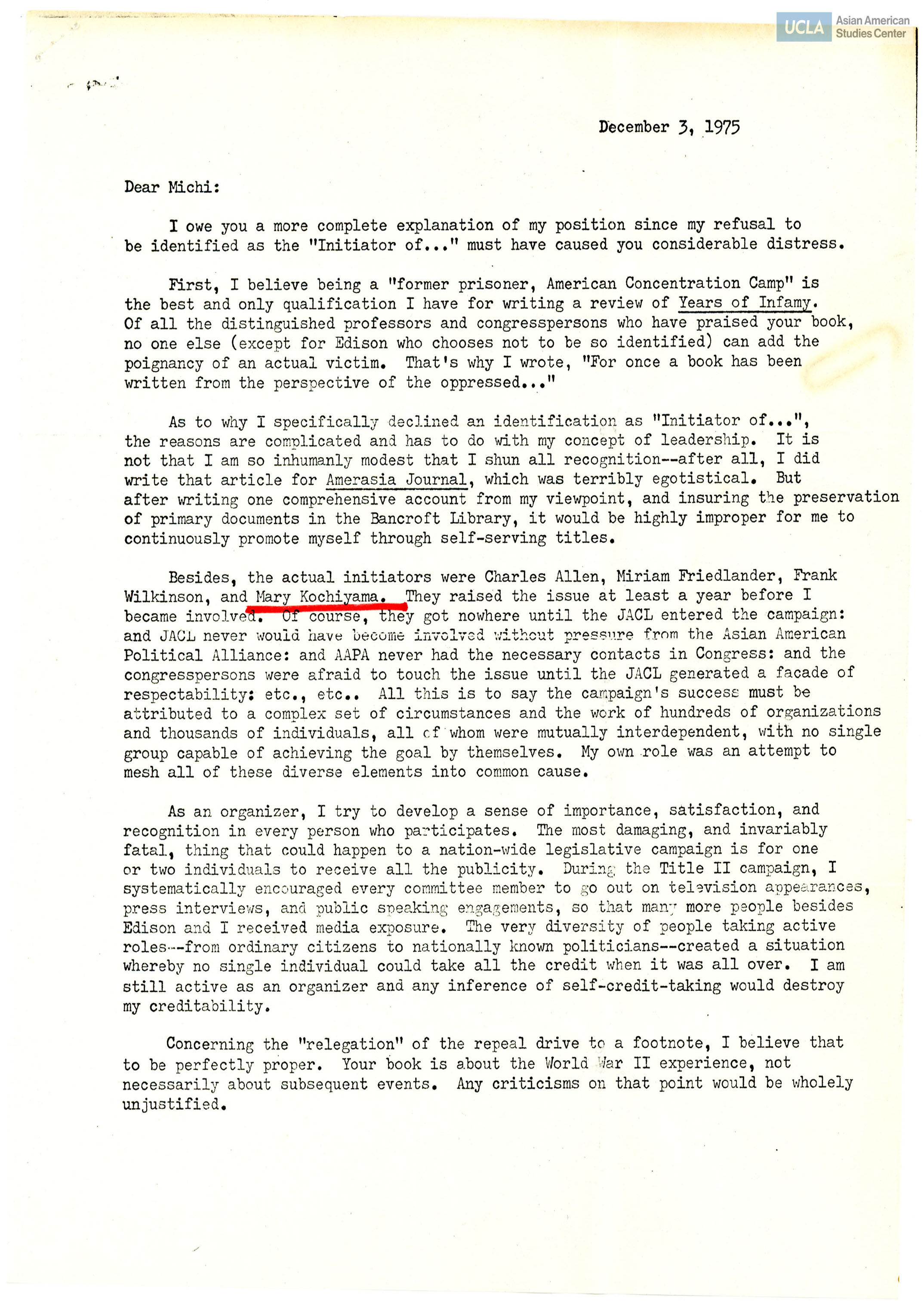 Letter addressed to Michi Weglyn on Okamura's refusal to be identified as the 