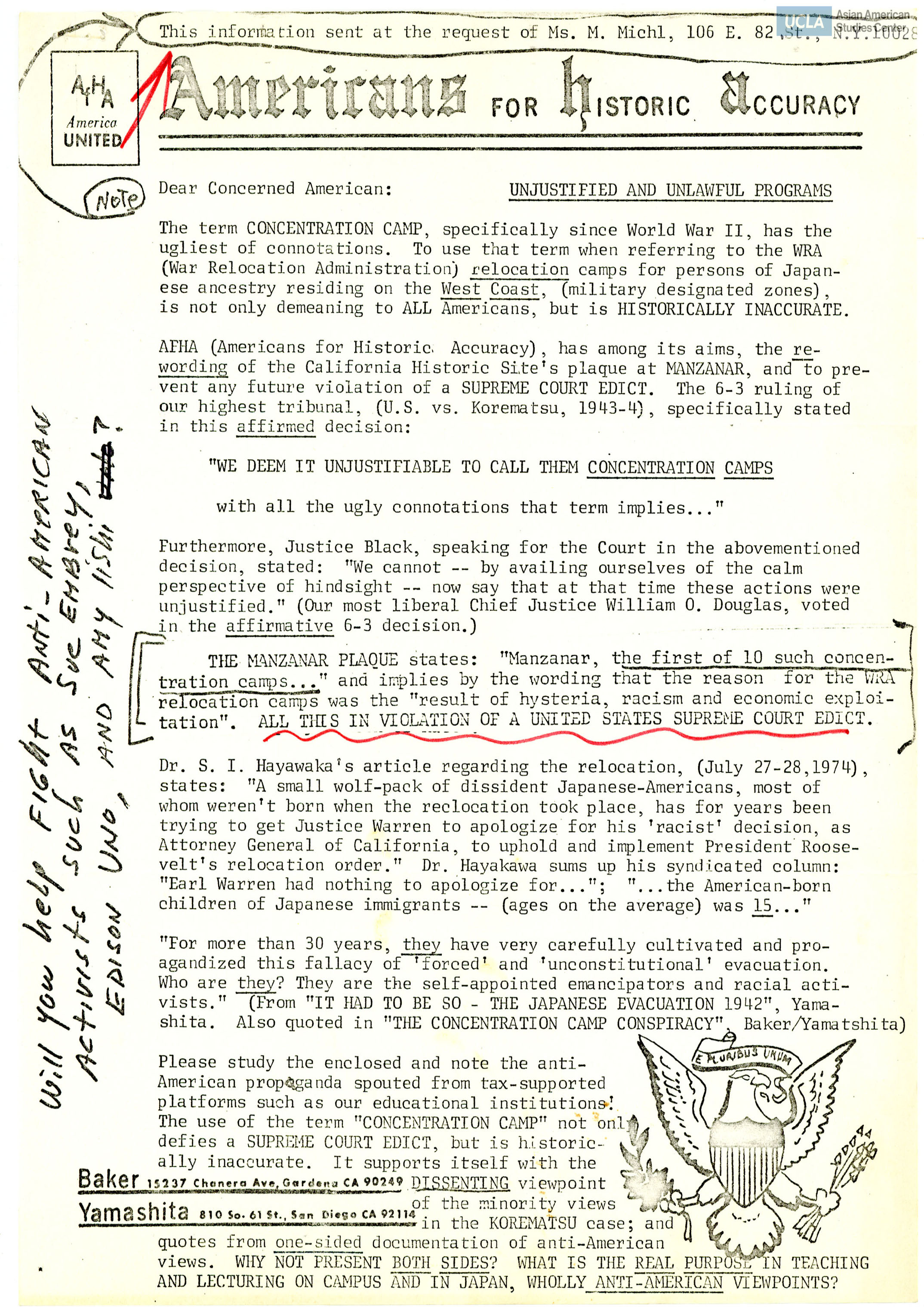Letter addressed to Yuri and Bill Kochiyama on the term concentration camp for the relocation camps during World War II. Includes letter addressed to Dr. S. I. Hayakawa and a newspaper clipping on concentration camps in the United States.