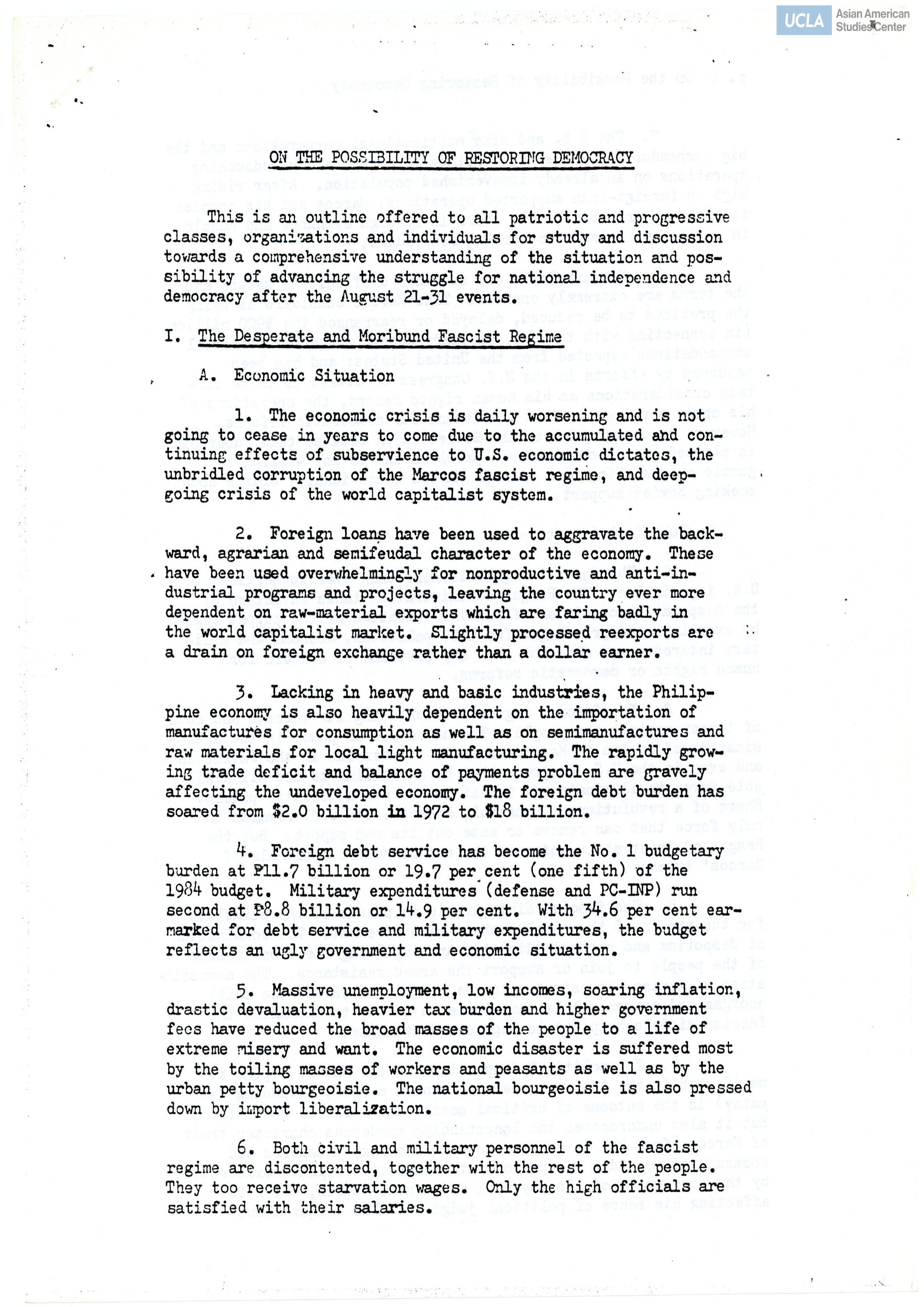 Statement outline regarding the progression towards national independence and democracy.