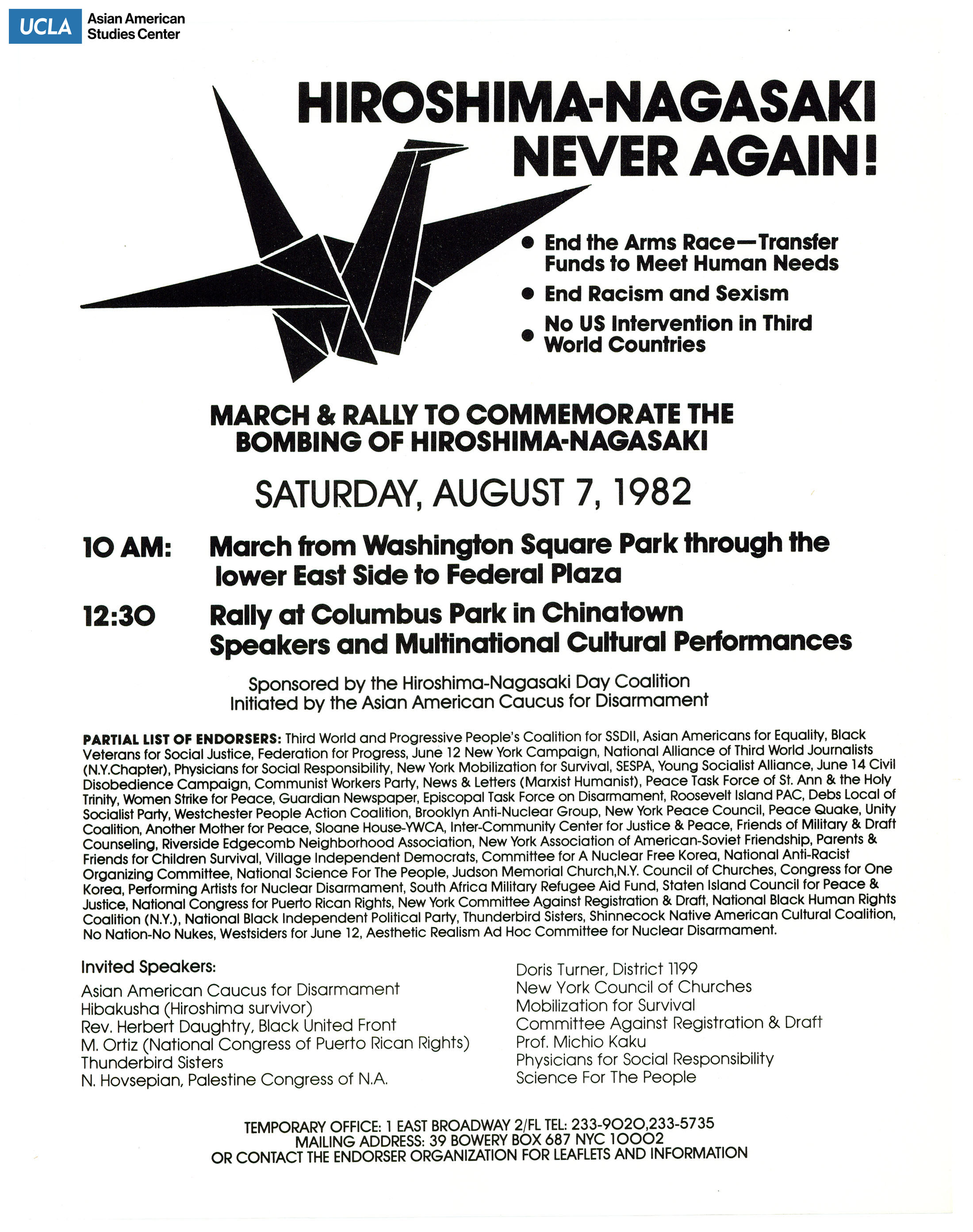 Flyer regarding a march and rally to commemorate the bombing of Hiroshima-Nagasaki.