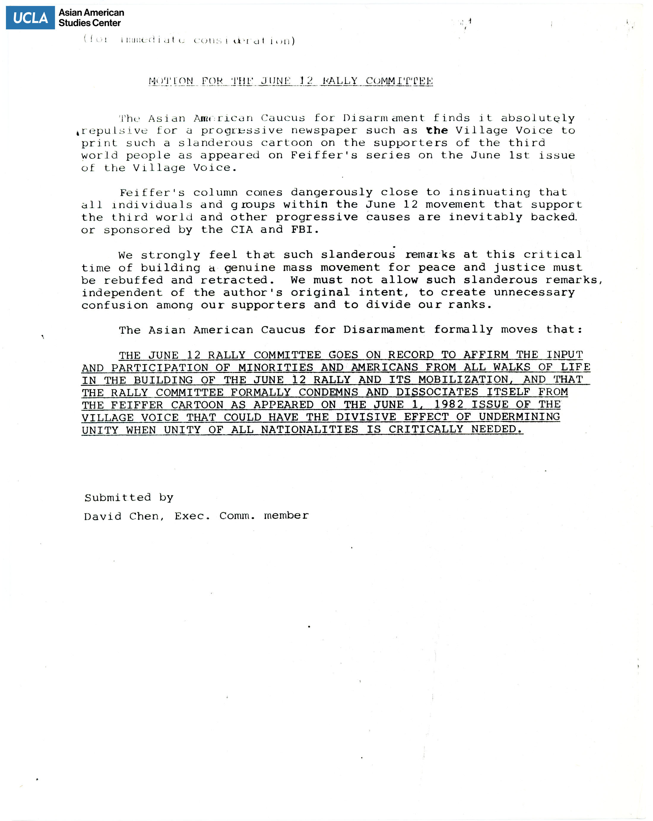 Statement submitted by David Chen, Executve Communications member, on a slanderous cartoon published by the Village Voice.
