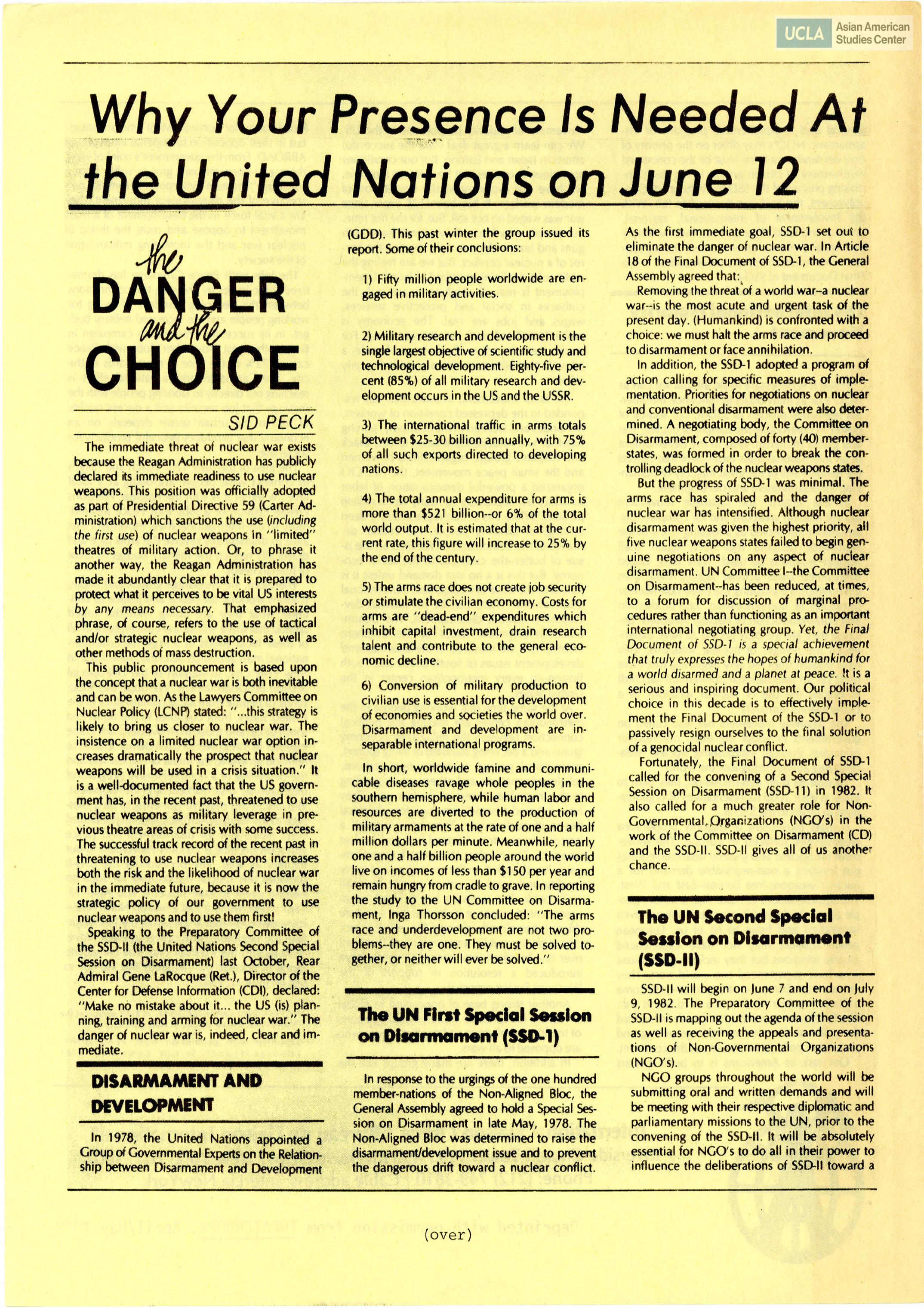 Flyer regarding event on the disarmament of nuclear arms at the United Nations.